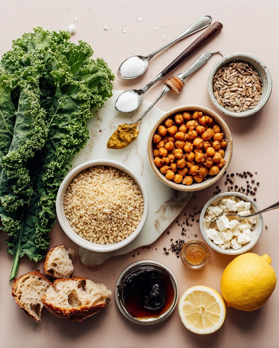 This image shows a flat lay of food ingredients on a white marbled surface. On the left, fresh green kale leaves with water drops are spread out next to a white bowl filled with light beige cooked quinoa. Below that, pieces of torn crusty bread lie scattered near a light brown bowl filled with round, orange-brown chickpeas. Near the top center, three spoons hold different ingredients: the left spoon has white powder, the middle one with a dark wood handle holds a yellow mustard-like paste, and the right spoon contains black pepper. To the right of these, there is a halved lemon showing its seeds, a silver spoon with dark honey or syrup, a white bowl with light brown sunflower seeds, and a small bowl filled with white crumbled cheese. The setup feels fresh and ready for making a healthy dish. Photo taken with an iphone --ar 4:5 --v 7