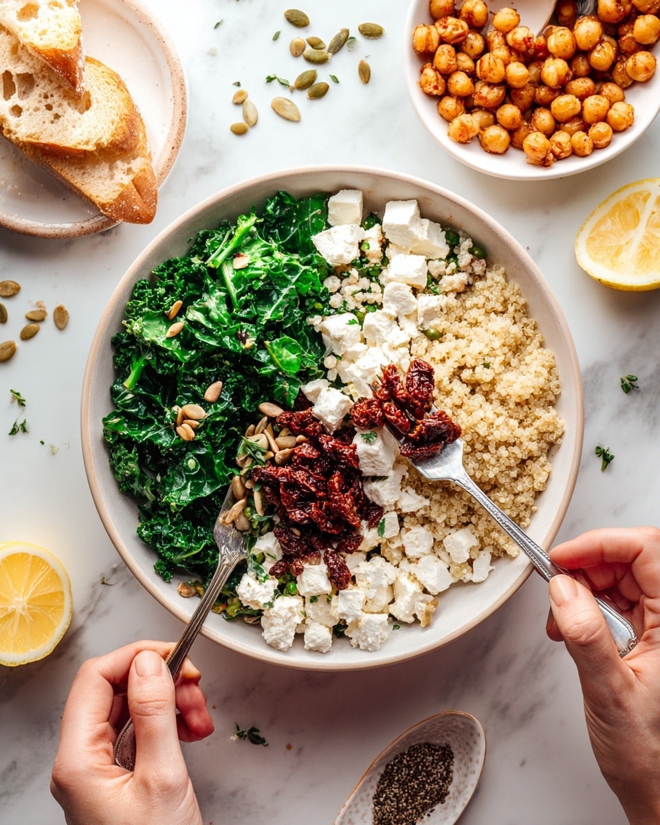 A white bowl filled with four clear sections: bright green cooked kale on the left, white soft cheese chunks below it, light beige cooked quinoa on the right, and dark red chopped sun-dried tomatoes with sunflower seeds sprinkled in the center. A woman's hand holds a fork resting in the kale section, while another woman's hand uses a spoon to scoop the sun-dried tomatoes. Around the bowl, there is a small white bowl of roasted chickpeas on a white plate, a sliced lemon half, chunks of toasted bread, scattered sunflower seeds, and some black pepper on a white spoon, all placed on a white marbled surface. Photo taken with an iphone --ar 4:5 --v 7