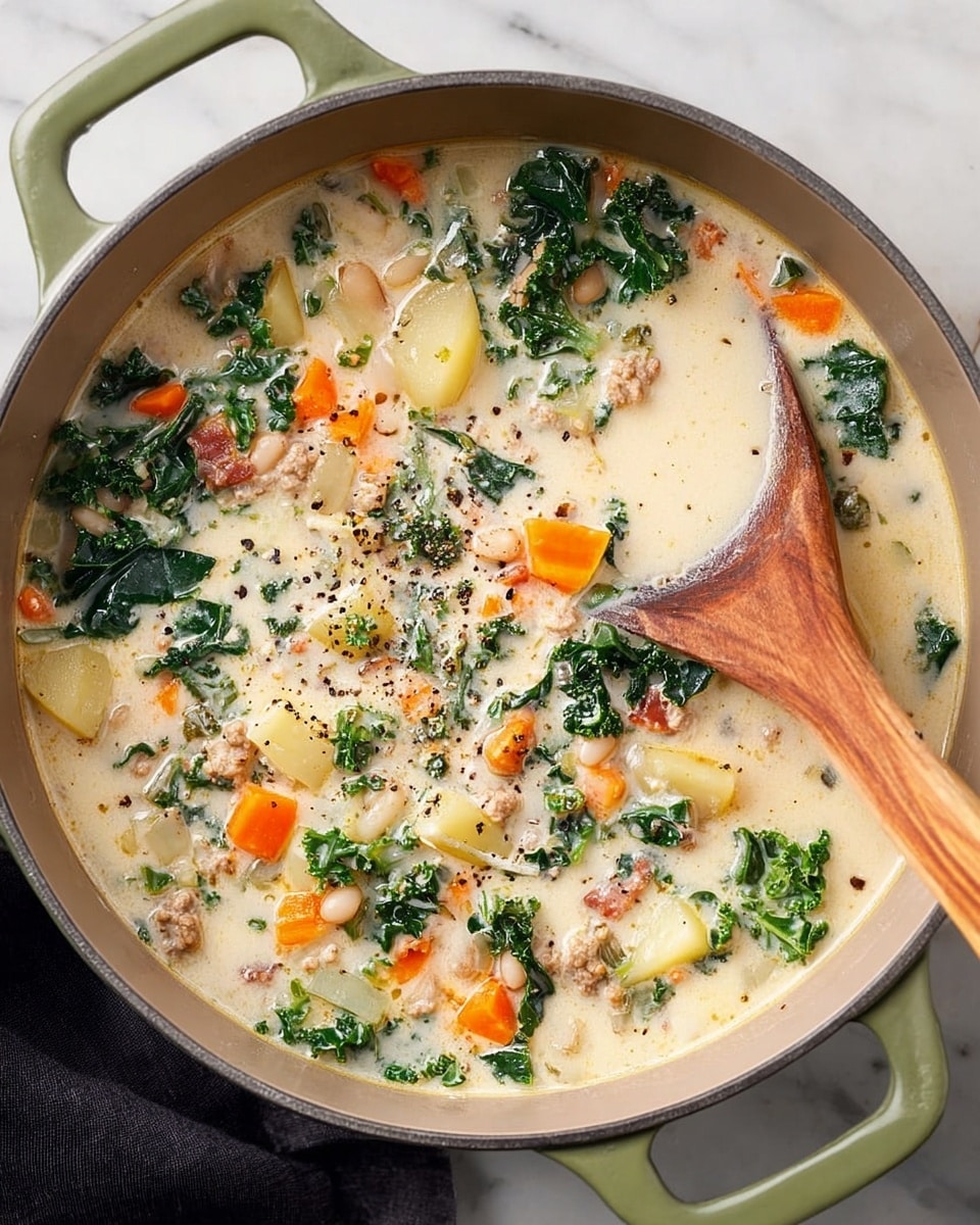 The image shows a creamy soup in a light gray pot with a green handle, filled with several visible layers including orange carrot pieces, dark green kale leaves, light yellow potato chunks, small white beans, and browned meat bits, all mixed in a thick, creamy white broth with black pepper specks on top. A wooden spoon is resting inside the pot on the right side, partially submerged in the soup, on a white marbled surface. photo taken with an iphone --ar 4:5 --v 7