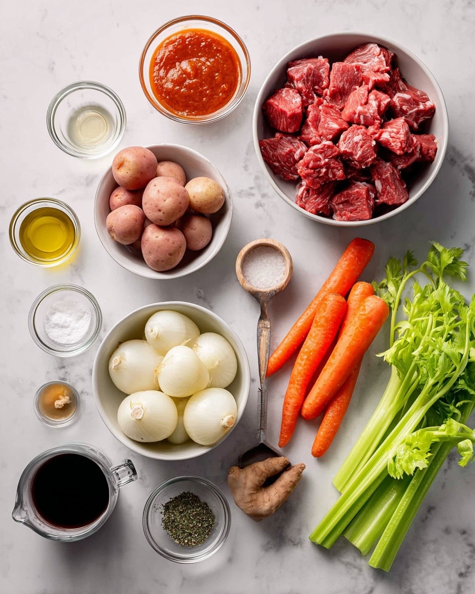 The image shows an arrangement of raw ingredients on a clean white marbled surface. Starting from the top left, there is a small glass bowl with reddish tomato paste, next to a white bowl filled with red raw meat chunks. Below, there is a white bowl with several small round red potatoes, beside it a white bowl with peeled pearl onions. Three bright orange carrots lie diagonally below the potatoes, and a bunch of fresh green celery sticks lies to the right of the carrots. Around these main ingredients, there are small clear bowls and cups containing various spices and liquids, including olive oil, broth in a glass measuring cup, flour, garlic cloves, salt, pepper, a black liquid in a small measuring cup with a wooden handle, and some herbs, all spread neatly with visible detail. photo taken with an iphone --ar 4:5 --v 7