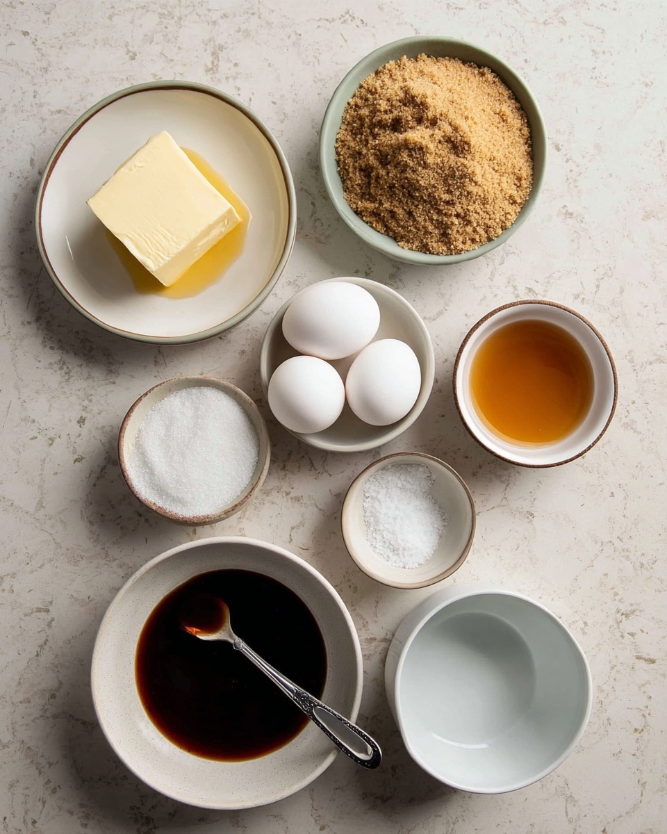 Seven small white bowls and plates are arranged on a white marbled surface. One bowl holds a square piece of pale yellow butter melting in a small puddle. Another bowl has light brown sugar, grainy and loose. A small white plate has three white eggs placed closely together. A little white bowl holds a rich dark brown liquid, with a silver spoon resting in it. A small, round bowl contains clear golden syrup. A tiny bowl holds fine white salt. Lastly, there is an empty white bowl ready for mixing. The overall setting is neat and clean. photo taken with an iphone --ar 4:5 --v 7