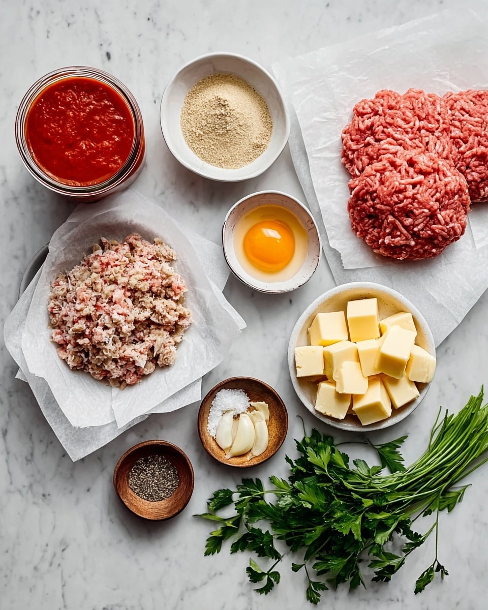 A white marbled surface holds a neat arrangement of ingredients for cooking. On the left, a jar filled with red tomato sauce sits next to a small white bowl with a light brown powder and another white bowl with an orange beaten egg. Above them is a small white bowl containing finely chopped garlic, and below is a small wooden bowl of coarse black pepper and a small white dish of salt. In the center, two piles of raw meat rest on white parchment paper: one is light brown with bits of fat and spice, the other is pink ground meat with a textured pattern. To the right, a small white plate has several yellow butter cubes, and next to it is a fresh bunch of green parsley with leafy stems. The photo taken with an iphone --ar 4:5 --v 7