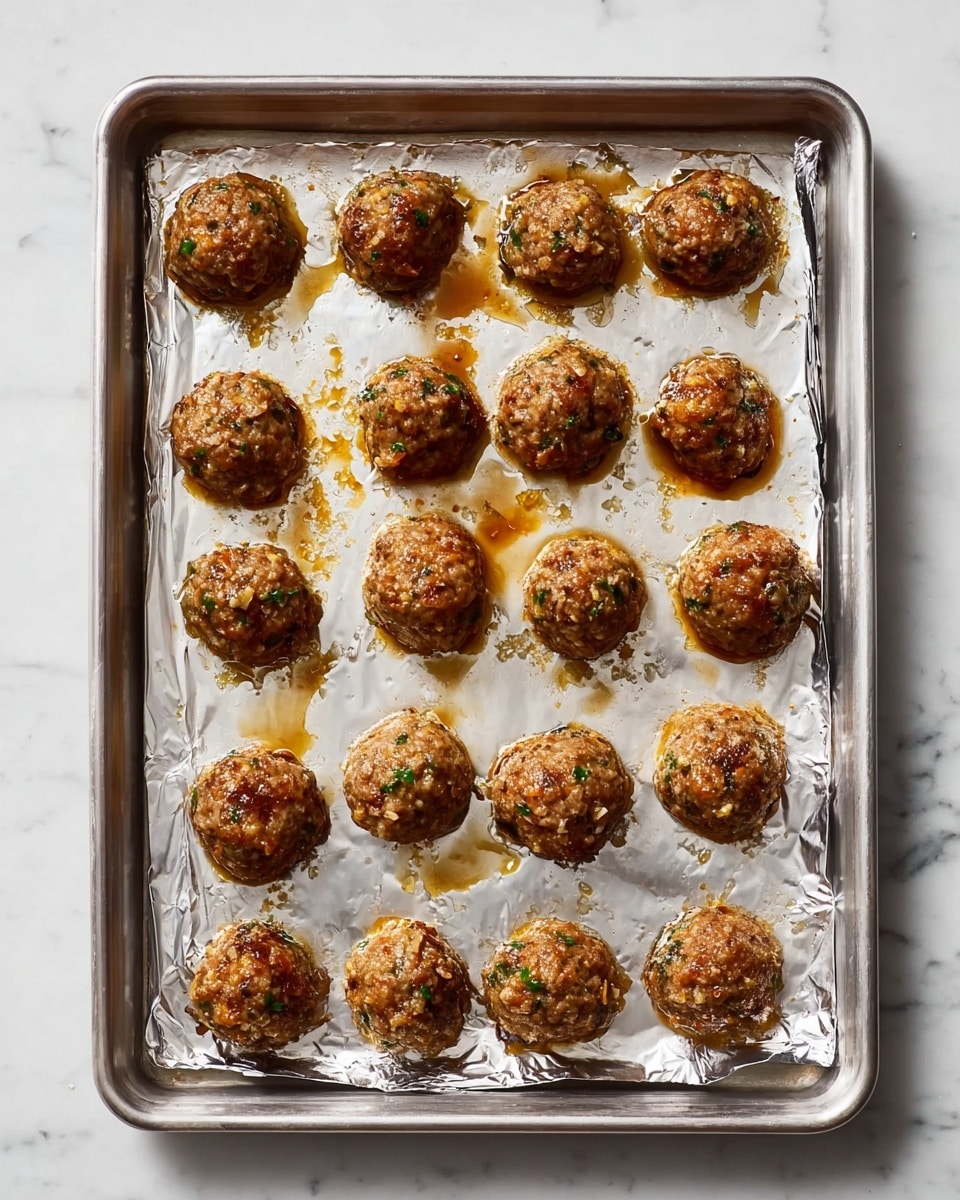 The image shows a metal baking tray lined with crinkled silver foil placed on a white marbled surface. On the tray, there are 15 round, browned meatballs arranged loosely in rows. The meatballs have a speckled texture with bits of green herbs and melted cheese visible, and a slight pooling of oily juice around each one, giving a shiny look. The background and tray edges are clear, focusing attention on the cooked meatballs. Photo taken with an iphone --ar 4:5 --v 7