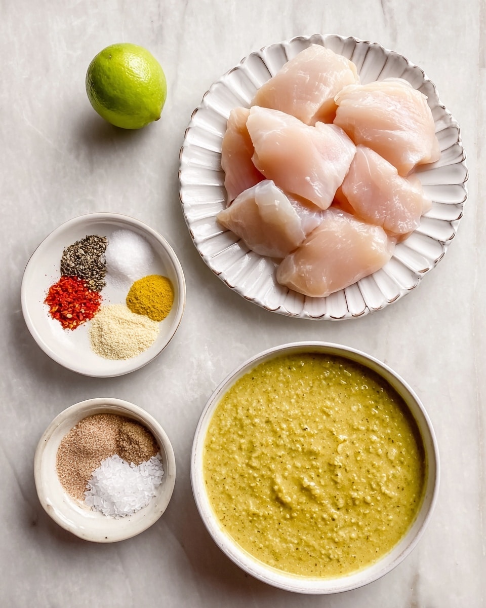 The image shows a top-down view of raw chicken pieces neatly stacked on a white scalloped plate at the top right. Below it, there is a white bowl filled with a thick yellowish-green sauce with a textured surface. To the left of the sauce, there are two small white round dishes, one holding a mix of salt and black pepper, and the other containing four types of colorful spices arranged in sections: red, yellow, white, and brown. Above these dishes, a half lime with a bright green interior is placed on a white marbled surface. photo taken with an iphone --ar 4:5 --v 7