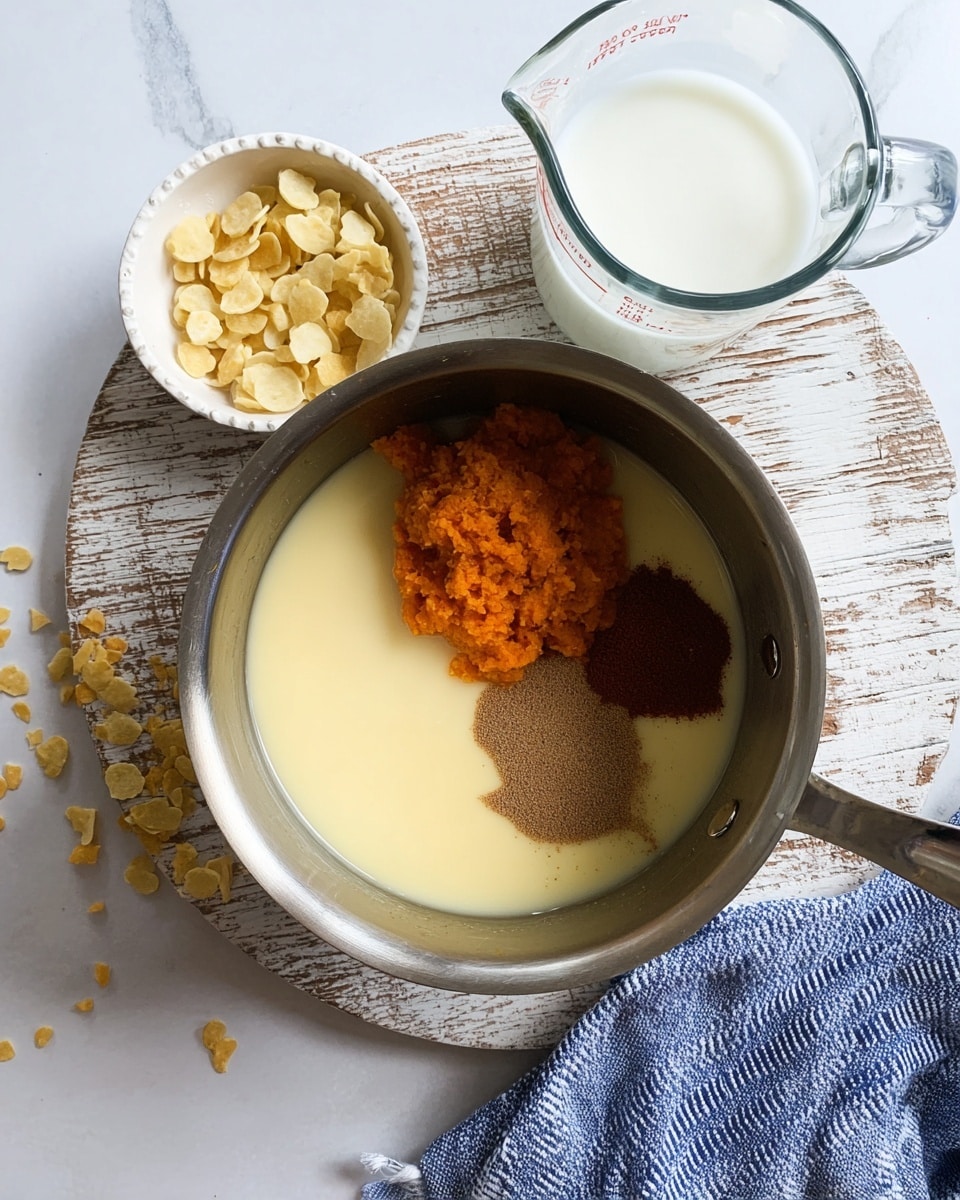 A shiny silver pot sits on a round white wooden board with a weathered look, placed on a white marbled surface. Inside the pot are three separate ingredients: a smooth, shiny pale yellow liquid forming the largest layer at the bottom left, a mound of thick, mashed orange puree in the upper middle, and two small piles of ground spices in dark brown shades near the top right. Nearby, there is a clear glass measuring cup filled with white milk, a small white bowl full of creamy yellow chip-like pieces, and a blue and white striped cloth. Some of the yellow pieces are scattered gently on the board around the pot. photo taken with an iphone --ar 4:5 --v 7