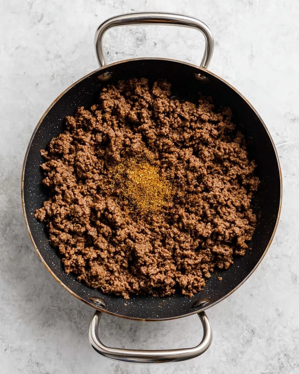 A black pan with two silver handles holds a single layer of cooked ground meat spread evenly across the base. In the center, there is a small pile of yellowish spices on top of the meat, adding a spot of color. The pan is set on a white marbled surface that contrasts with the dark pan and brown meat. The texture of the meat looks fine and crumbly with some small clumps. Photo taken with an iphone --ar 4:5 --v 7