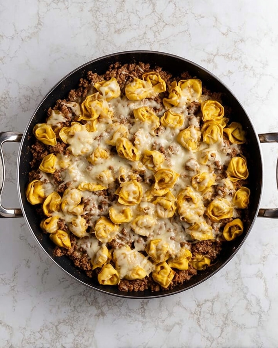 A black cooking pan filled with a layered pasta dish on a white marbled surface. The bottom layer is browned ground meat spread evenly, topped with yellow tortellini pasta folded into small rings, and covered with melted white cheese that is spread lightly over the pasta. The pan has two silver handles on each side. photo taken with an iphone --ar 4:5 --v 7
