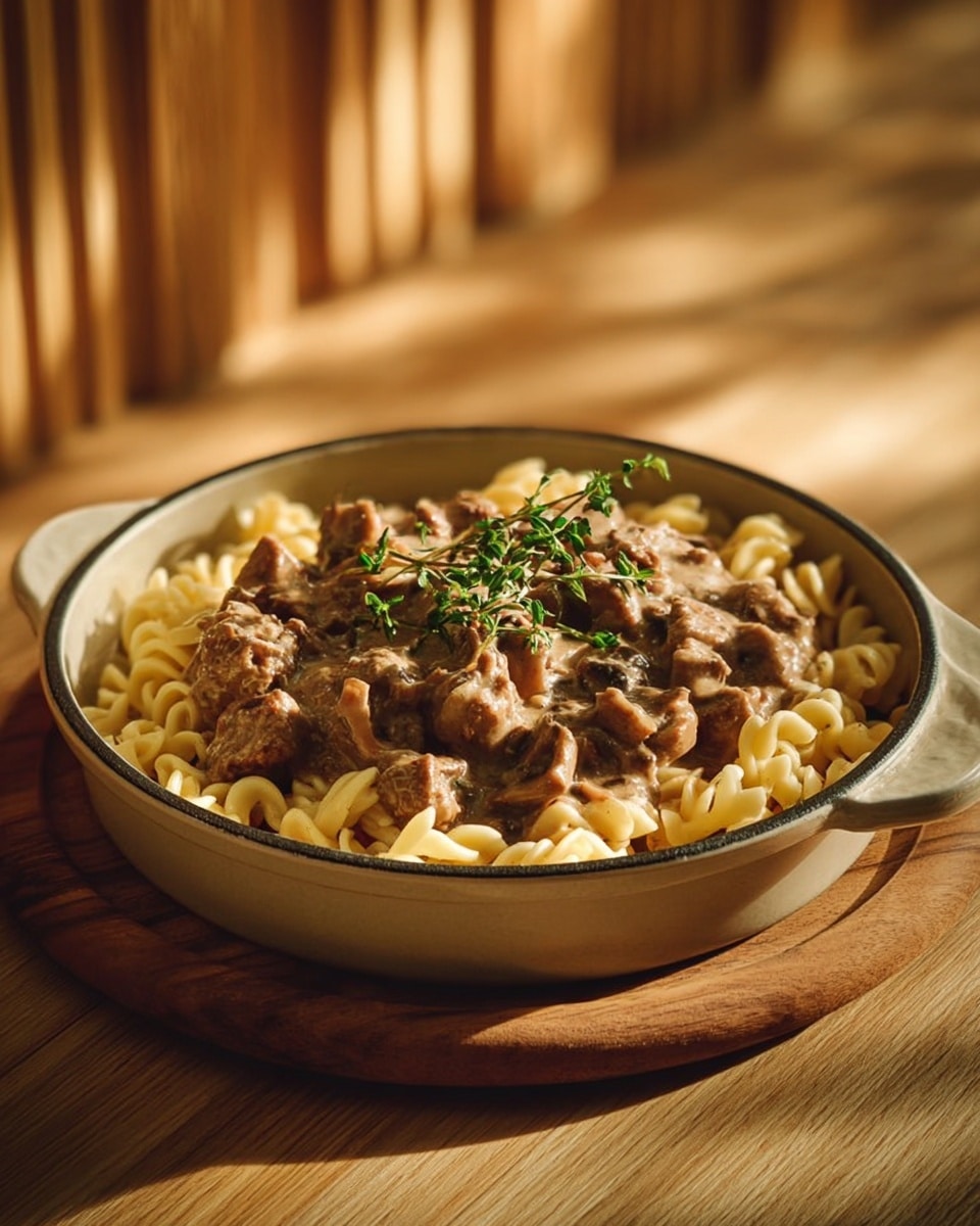 A round, off-white pan filled with a bed of pale yellow curly pasta at the bottom, topped with chunky pieces of brown meat and closed small mushrooms in a thick brown sauce, garnished with small sprigs of fresh green herbs scattered on top, placed on a wooden board with a warm wooden background showing soft shadow lines. photo taken with an iphone --ar 4:5 --v 7