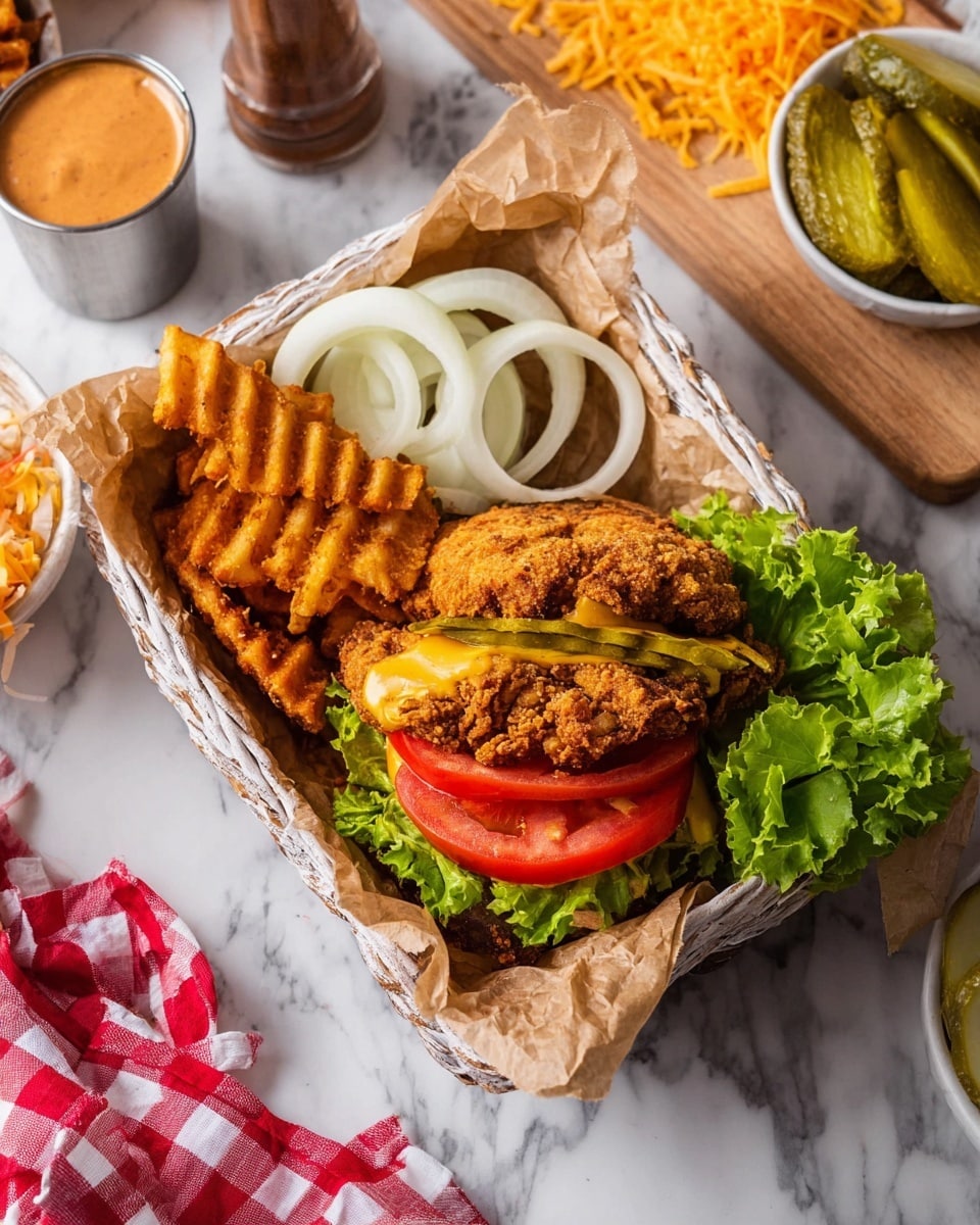 A wooden board holds a sandwich build with a golden-brown fried patty on top, surrounded by layers of white onion rings, bright red tomato slices, and fresh light green lettuce leaves, next to a small white dish filled with green pickles. A small wooden bowl with smooth reddish-orange sauce is placed on the board’s left side. In the background, a white marbled surface features a wooden cutting board with shredded and sliced bright yellow cheese, a red and white cloth, a white container lined with brown paper holding waffle fries and fried patties with a small metal cup of the same sauce. More fried patties are arranged on a white plate at the bottom right corner. Photo taken with an iphone --ar 4:5 --v 7