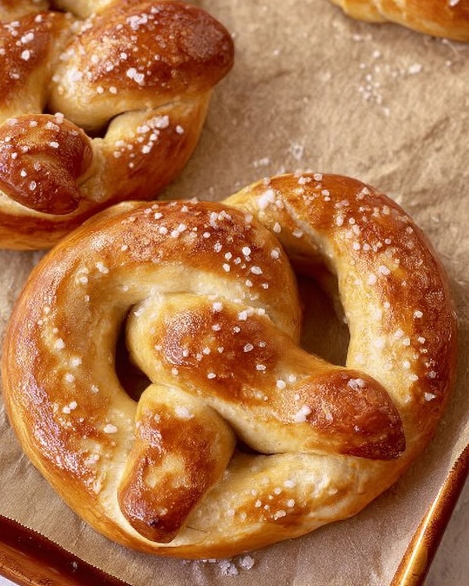 The image shows two soft, golden-brown pretzels resting on parchment paper over a baking tray. Each pretzel has a thick rope-like shape twisted into a classic knot with a smooth, shiny surface that reflects light. The outer layer is evenly baked with darker brown spots, especially on the rounded top parts, while coarser white salt crystals are sprinkled on top, adding texture and contrast. The background has a light beige tone from the parchment paper and a warm metal color at the edge of the tray. Photo taken with an iphone --ar 4:5 --v 7