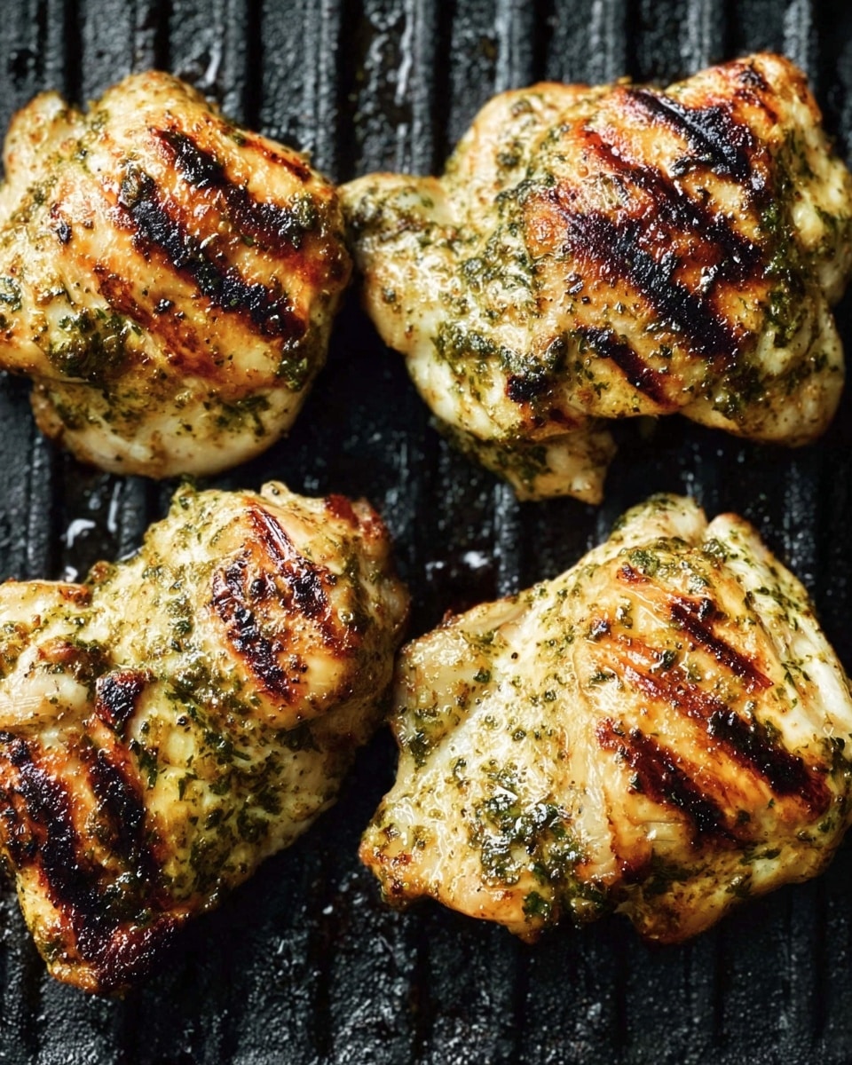 The image shows four pieces of grilled chicken thighs on a black ridged grill pan. Each piece has a golden brown color with darker grill marks and some slight charring. The chicken is coated with a green herb marinade that is visible on the surface, adding specks of green all over each piece. The texture looks juicy with some crispiness on the charred parts. The grill pan underneath has a glossy, oily finish showing streaks of oil and cooked bits around the chicken pieces. photo taken with an iphone --ar 4:5 --v 7
