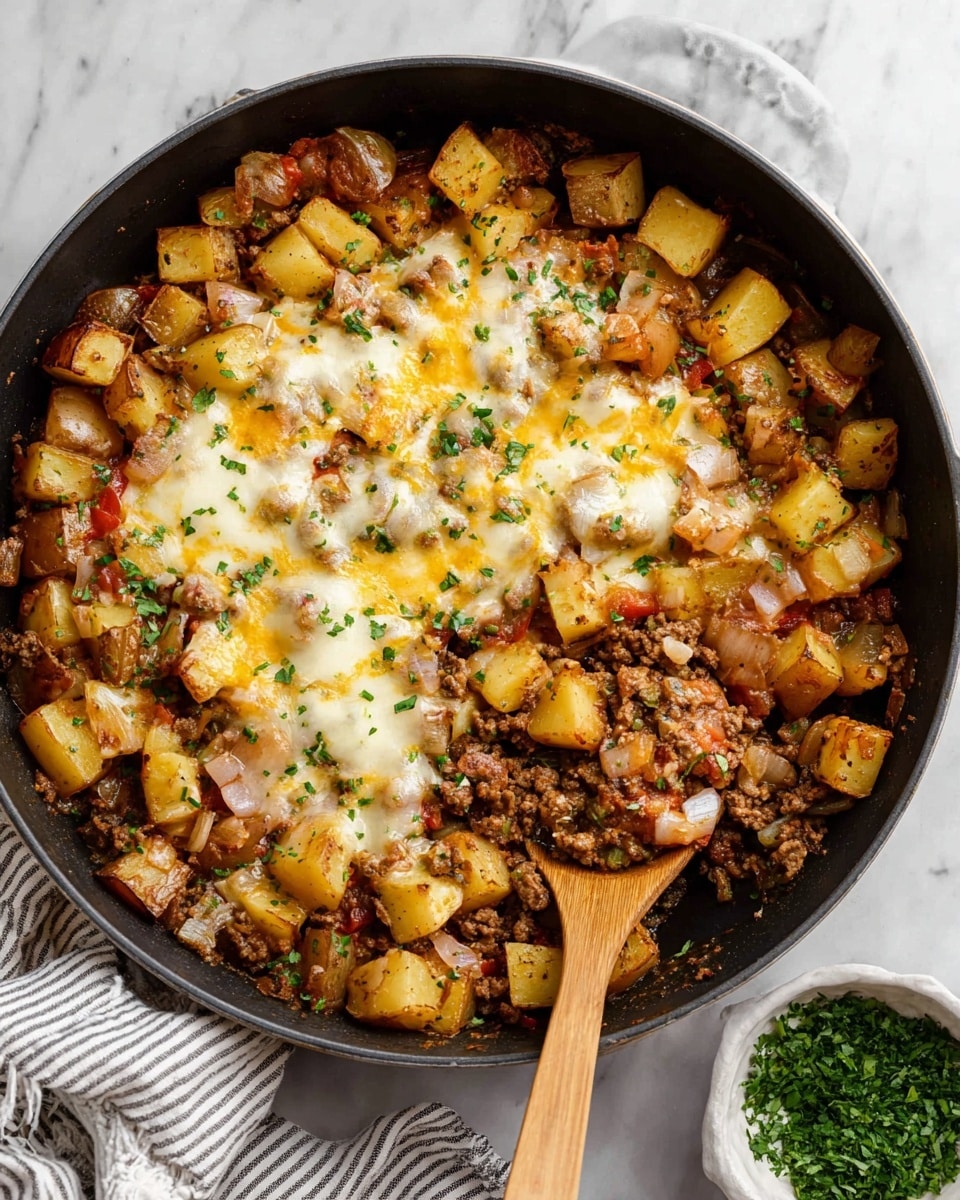 A black skillet filled with a cooked dish showing three main layers: a base layer of browned ground meat mixed with small pieces of red and green vegetables, a middle layer of golden-brown potato cubes evenly spread throughout, and a top layer of melted cheese with white and light orange shades, slightly browned in spots, sprinkled with green chopped herbs. A wooden spoon is scooping some of the food on the right side of the skillet. The skillet is placed on a white marbled surface, with a striped cloth visible near the handle and a small white bowl filled with green chopped herbs at the bottom right corner. Photo taken with an iphone --ar 4:5 --v 7