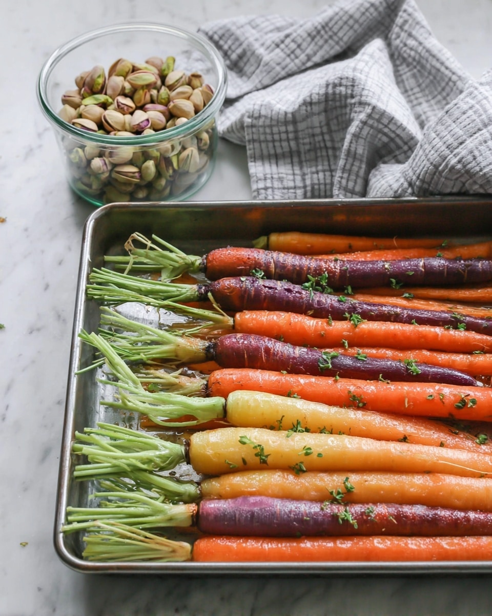 A metal tray on a white marbled surface holds a single layer of whole carrots arranged side by side with leafy green tops facing outward; the carrots vary in color from bright orange to purple and pale yellow, all coated with a light sheen of oil and sprinkled with small green herb leaves. Behind the tray, there is a clear glass container filled with pistachios and a folded grey-and-white checkered cloth casually placed on the white marbled surface. photo taken with an iphone --ar 4:5 --v 7
