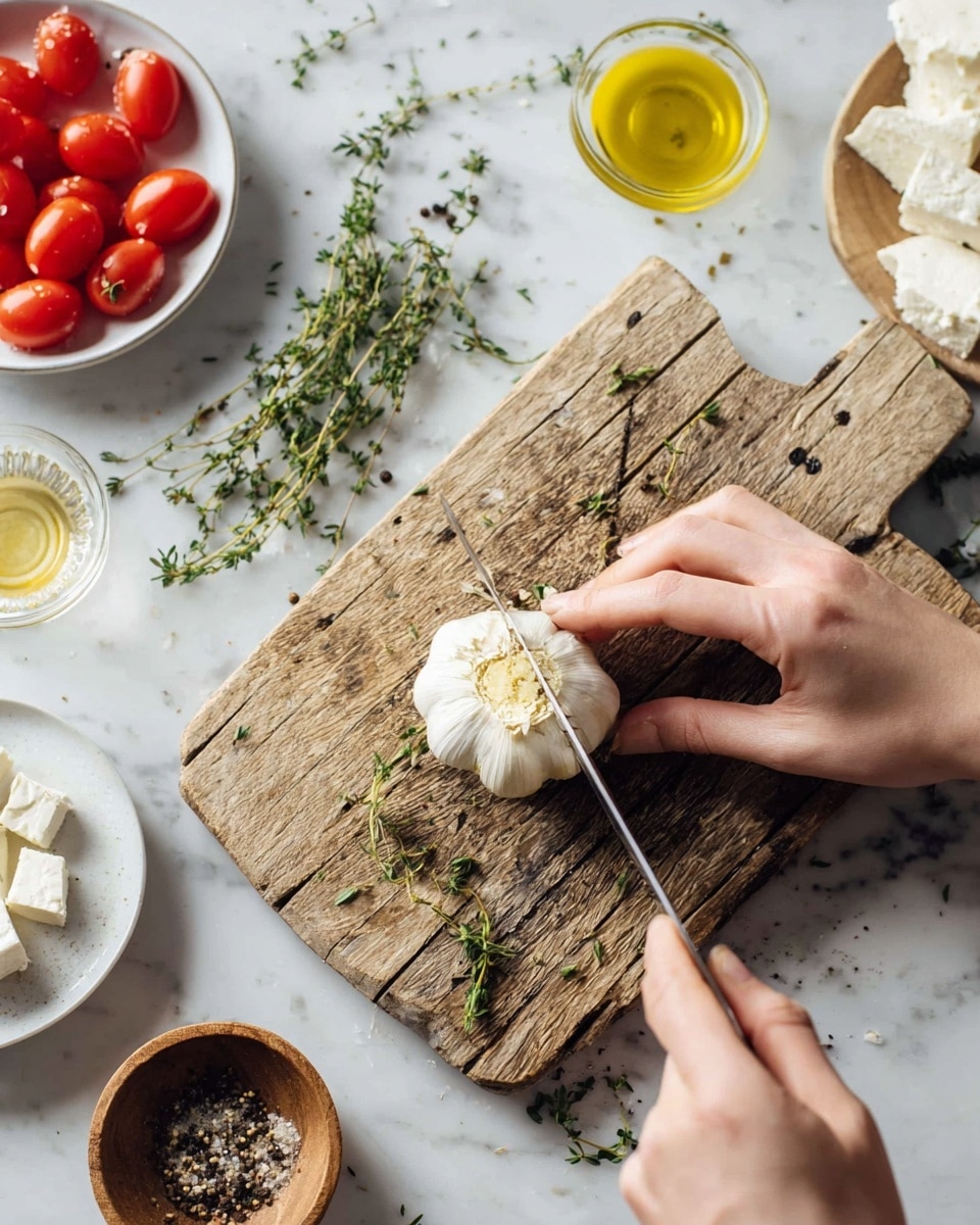 A close-up scene shows a person's hand slicing a whole garlic bulb on a worn wooden cutting board. The garlic bulb is white and round, partially cut to reveal its light yellow cloves inside. Around the board, on a white marbled surface, there are fresh green thyme sprigs, a clear glass bowl with golden olive oil, a white bowl filled with small red cherry tomatoes, a small wooden bowl with crushed black pepper, and a white plate with white cheese chunks. The hand holding the garlic gently grips it while the other hand uses a silver knife with a black handle to slice it. photo taken with an iphone --ar 4:5 --v 7