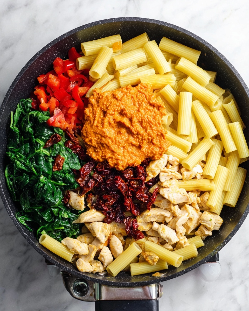 Creamy Sun-Dried Tomato Chicken Pasta (Dairy-Free Version) Recipe 5 A close-up top view of a black frying pan on a white marbled surface filled with uncooked rigatoni pasta in pale yellow color on the right side, cooked white pieces of chicken underneath the pasta at the bottom, dark reddish sun-dried tomatoes in the lower-center, bright orange-red roasted red pepper sauce dolloped on the upper-left, and a colorful mix of chopped green spinach and red bell peppers scattered in the upper-left corner. Photo taken with an iphone --ar 4:5 --v 7