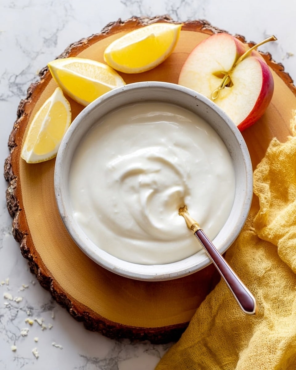 A white bowl filled with smooth, creamy white yogurt sits in the center of a round wooden board with natural bark edges. Inside the bowl, a silver spoon with a brown handle is partially dipped into the yogurt, creating light swirls on the surface. Around the bowl, there are three lemon wedges with bright yellow skin and juicy interiors, along with two apple slices, one half with red skin and white flesh, the other partially visible. A yellow cloth with a soft texture is placed to the right side of the board. The background shows a white marbled surface. photo taken with an iphone --ar 4:5 --v 7