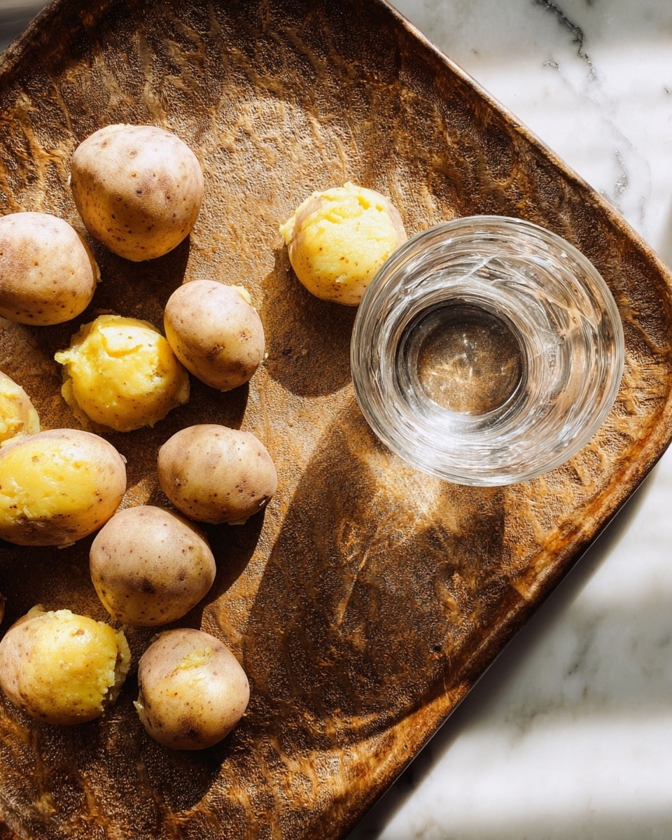 The image shows a textured brown pan with several small round light beige mushrooms placed on it. On one side, there are mushrooms stuffed with a bright yellow filling that looks soft and fluffy, with some of the mushrooms slightly cracked open showing the yellow inside. In the center of the pan, there is a clear glass with some liquid inside. The white marbled surface is visible around the pan. photo taken with an iphone --ar 4:5 --v 7