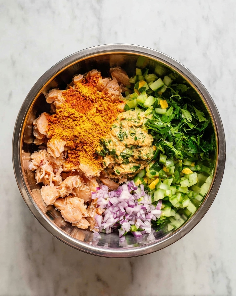 A large metal bowl sits on a white marbled surface, filled with five distinct groups of ingredients arranged side by side without mixing. On the left, there are chunks of light pink shredded cooked chicken. Next, a bright orange powder is sprinkled over and around the chicken. In the center, there is a creamy, pale yellow paste topped with the same orange powder. To the right of this, there is a small pile of finely chopped pale purple onion pieces. Above the onion and paste, there are small diced green cucumber pieces with some yellow bits scattered in. At the bottom right edge, fresh green leafy herbs are placed. The colors and textures create a vibrant and fresh look inside the bowl. Photo taken with an iphone --ar 4:5 --v 7