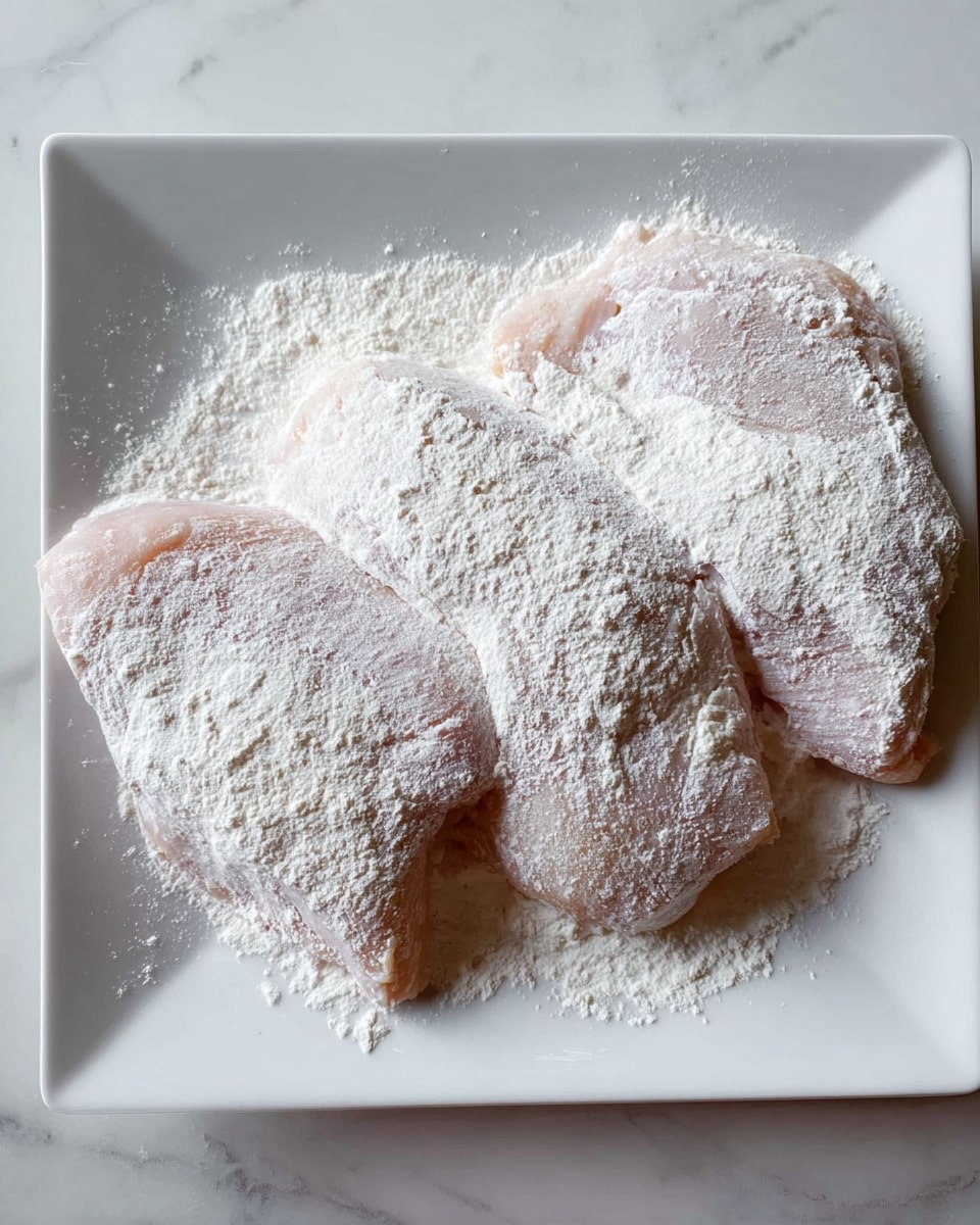 Three pieces of raw chicken meat are placed side by side on a white square plate, each covered with a thick layer of white flour. The chicken pieces have a light pink color visible under the flour, with some folds and creases showing through the powder. The plate is sitting on a surface with a white marbled texture. Photo taken with an iphone --ar 4:5 --v 7