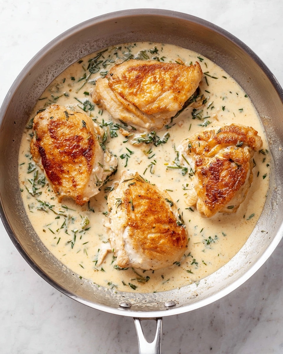 The image shows a stainless steel pan on a white marbled surface, containing four pieces of golden-brown cooked chicken arranged in a roughly circular pattern. The chicken pieces each have a light, crispy brown surface on top, sitting on a creamy, light beige sauce with small dark green herb leaves spread evenly throughout. The sauce fills the bottom of the pan, contrasting with the white and brown chicken pieces. The pan handle extends out of the frame on the right side. Photo taken with an iphone --ar 4:5 --v 7