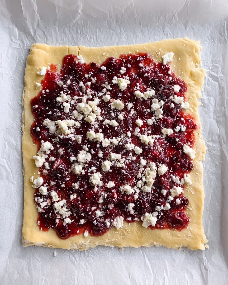 A square layer of light yellow dough lays flat on crumpled white baking paper with a slightly uneven edge. On top, a rough spread of dark red berry jam covers most of the dough, leaving a small border around it. Scattered over the jam are small, white crumbly cheese pieces, unevenly spread, showing some clumps and fine crumbs. The overall look is rustic and homemade with bright red and white colors contrasted against the pale dough and white paper. photo taken with an iphone --ar 4:5 --v 7