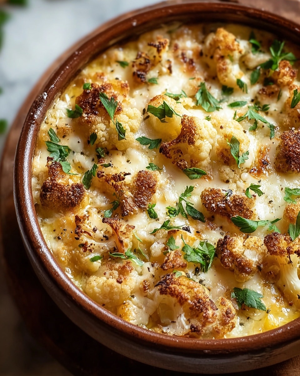 A close-up of a brown round ceramic dish filled with three layers of food: the bottom layer is creamy and light yellow, the middle layer has small pieces of browned cauliflower with a rough texture, and the top layer is melted cheese with light golden brown spots. Small green parsley leaves are scattered on top, adding fresh color. The surface and background are white marble texture. Photo taken with an iphone --ar 4:5 --v 7