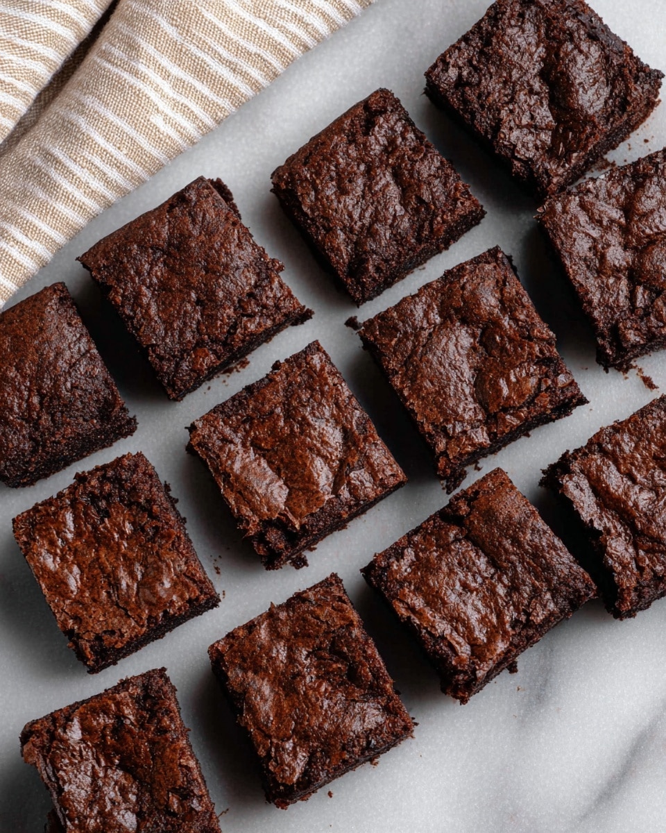 This image shows sixteen pieces of dark brown brownies arranged in three rows on a white marbled surface. Each piece is square-shaped, showing a dense and slightly cracked texture on the top, suggesting a chewy and moist interior. The brownies have a rough, uneven surface with some small air pockets and a shiny crust. A folded beige and white striped cloth is placed at the top left corner of the image, adding a soft contrast to the setting. photo taken with an iphone --ar 4:5 --v 7