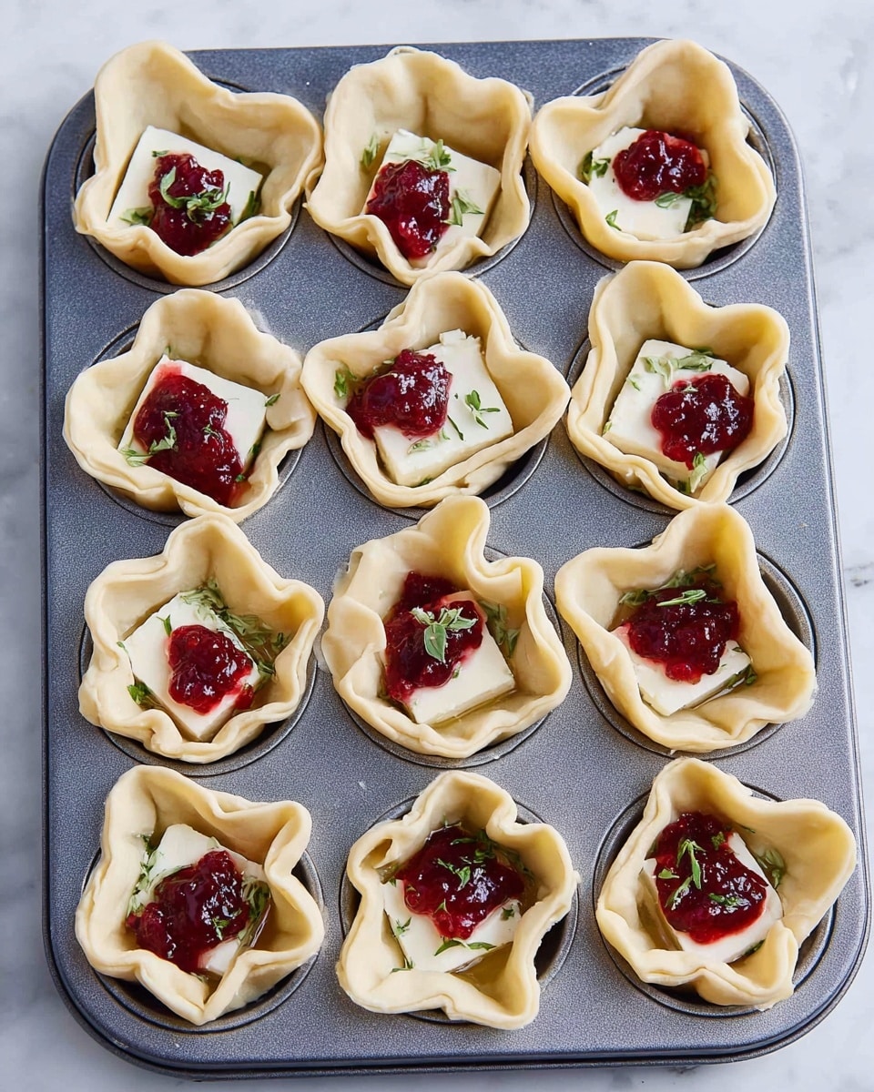 The image shows a dark gray muffin tray with twelve dough cups, each formed by folding raw light beige dough loosely around a piece of creamy white cheese in the center. On top of the cheese, there is a dollop of bright red cranberry sauce with a glossy texture, sprinkled with small fresh green herb leaves. The muffin tray sits on a white marbled surface. photo taken with an iphone --ar 4:5 --v 7