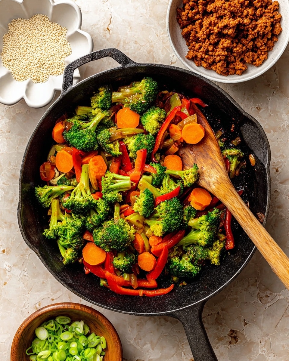 A black cast iron pan holds a colorful stir-fry with three layers: bright green broccoli florets scattered throughout, round orange carrot slices, and thin red bell pepper strips mixed together. A wooden spatula rests inside the pan, slightly lifting some vegetables, showing their soft texture with a slight shine. Around the pan on a white marbled surface, there are three bowls: one with white sesame seeds in a flower-shaped white bowl at the top left, a white bowl with cooked brown minced meat mixed with small onion pieces at the top right, and a small wooden bowl filled with sliced green onions at the bottom left. Photo taken with an iphone --ar 4:5 --v 7