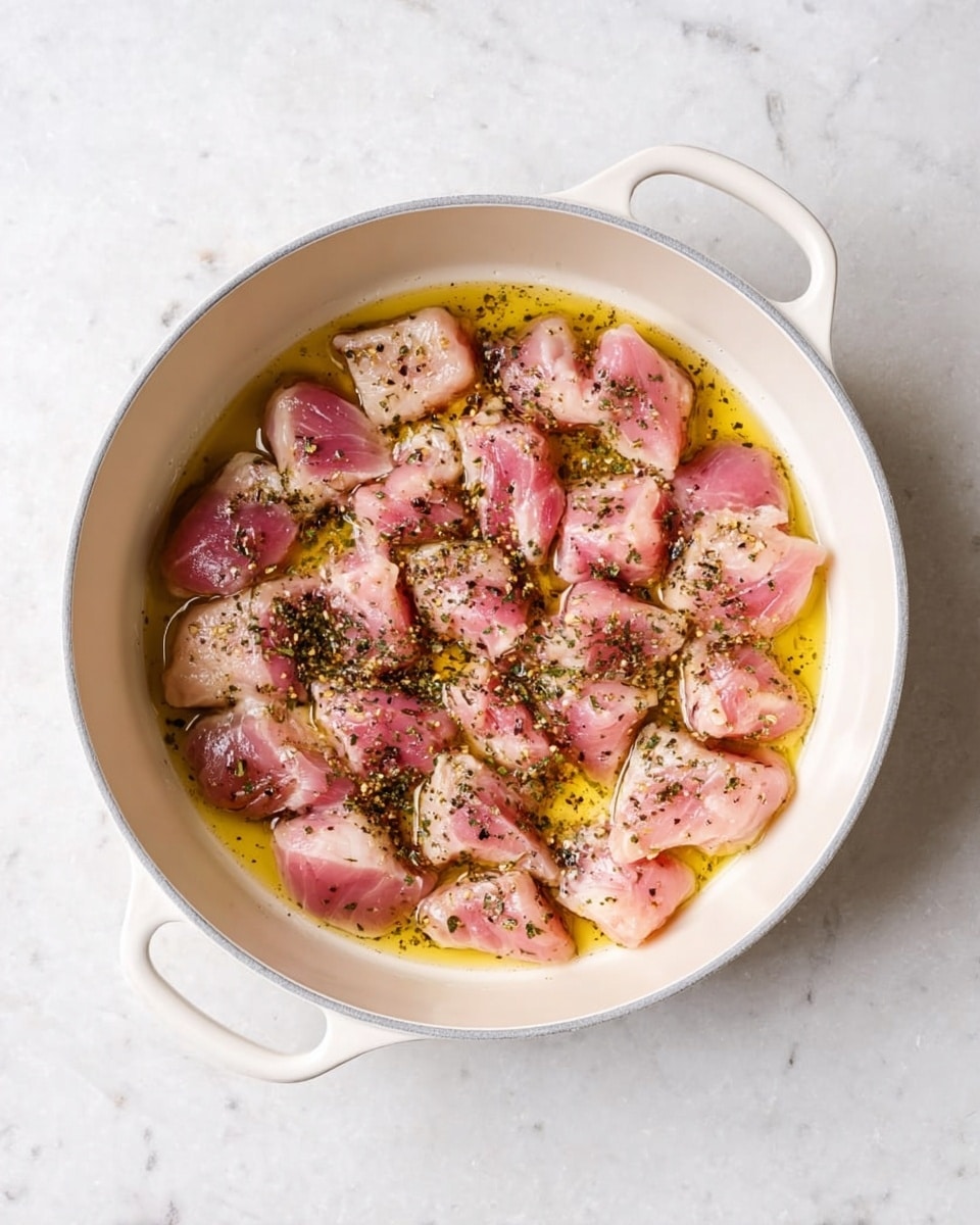The image shows a white pot with two handles, filled with small pieces of raw pink meat, evenly spread out in one layer. The meat is coated in a light yellow oil and sprinkled with small black and green herbs and spices. The pot is placed on a white marbled surface. Photo taken with an iphone --ar 4:5 --v 7