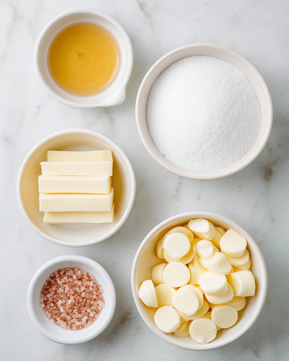 The image shows six white bowls and plates arranged on a white marbled surface, each holding different ingredients. At the top left, a round white bowl is filled with fine white sugar. Below it, a small oval white plate holds two rectangular sticks of yellow butter. To the right of the sugar, a round white bowl is filled with many round white discs, creating a piled texture. At the bottom center, a tiny round white bowl contains a small amount of light golden liquid. To its left, a small round white bowl is filled with coarse pink salt. Finally, to the right of the golden liquid, a small round white bowl is filled with brown powder, showing a fine texture. Photo taken with an iphone --ar 4:5 --v 7