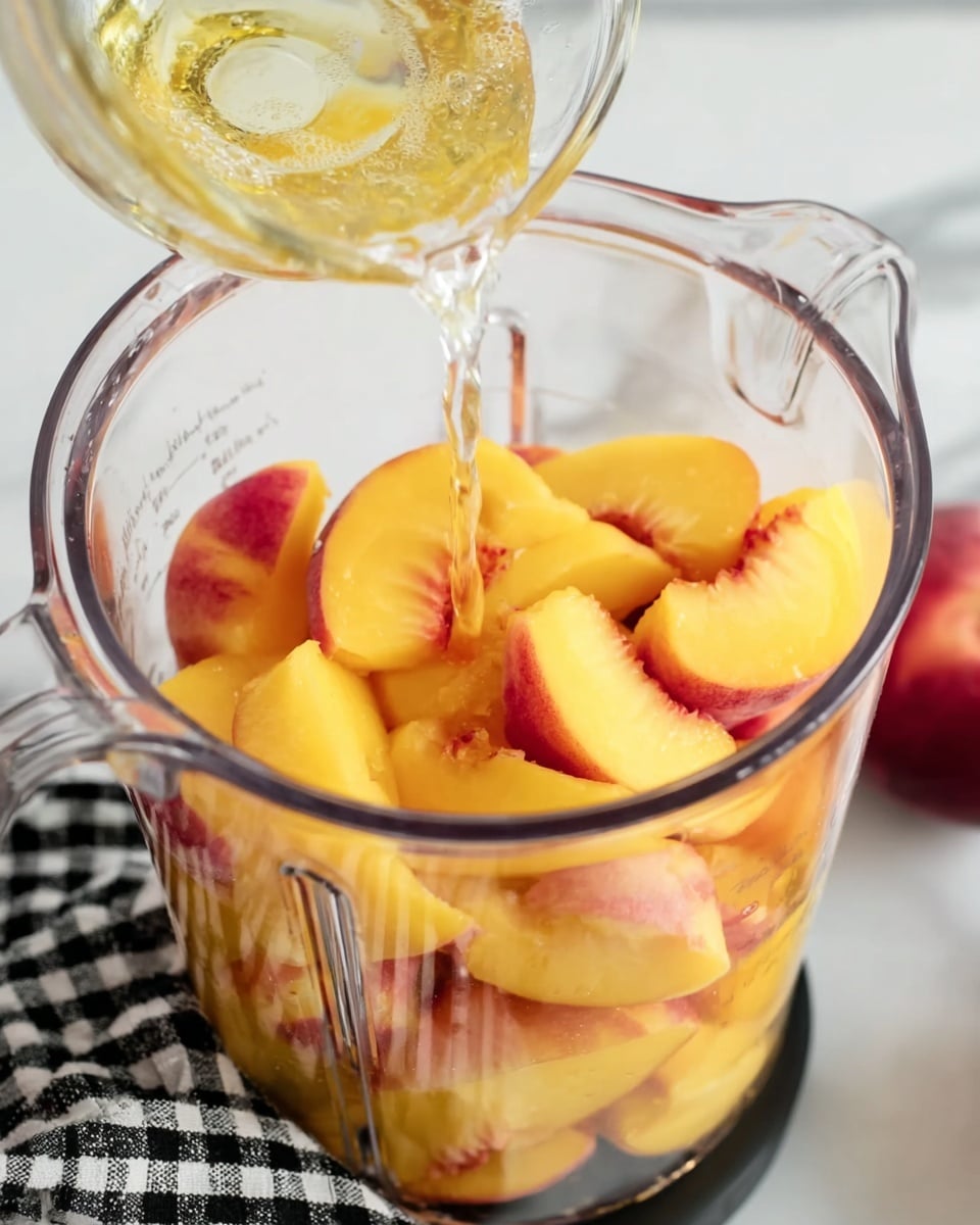 A clear glass blender filled with bright yellow peach slices stacked in layers, some showing soft pinkish-red areas near the pit side, with a clear liquid being poured over the fruit from a small glass measuring cup held above. The blender sits on a white marbled surface with a black and white checkered cloth partially visible on the side. photo taken with an iphone --ar 4:5 --v 7