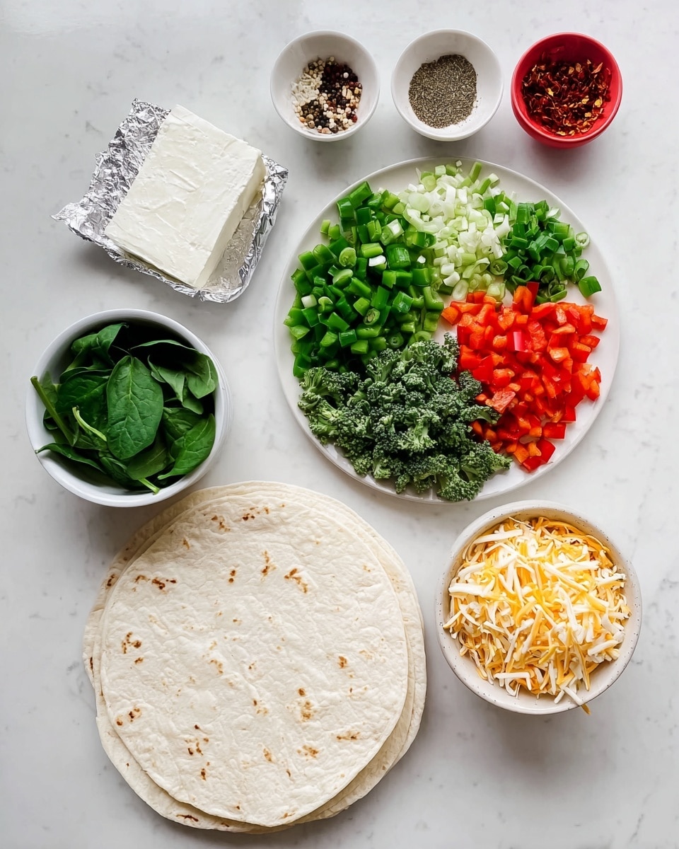 A white marbled surface holds several ingredients arranged neatly: a round white plate with five separate piles of diced vegetables including green bell pepper, red bell pepper, chopped broccoli, chopped carrots, and sliced green onions. To the left, a small white bowl contains fresh green spinach leaves. Below this, a stack of round tortillas lies flat. A white bowl filled with shredded yellow and white cheese sits to the right of the tortillas. Above the vegetables, there is a small white bowl with an assortment of spices in small piles including salt, black pepper, dried herbs, and garlic powder. Next to the spice bowl, a small red container holds red chili flakes. A block of cream cheese is placed on partially open silver foil near the top left corner. All items are set on a clean white marbled surface. photo taken with an iphone --ar 4:5 --v 7