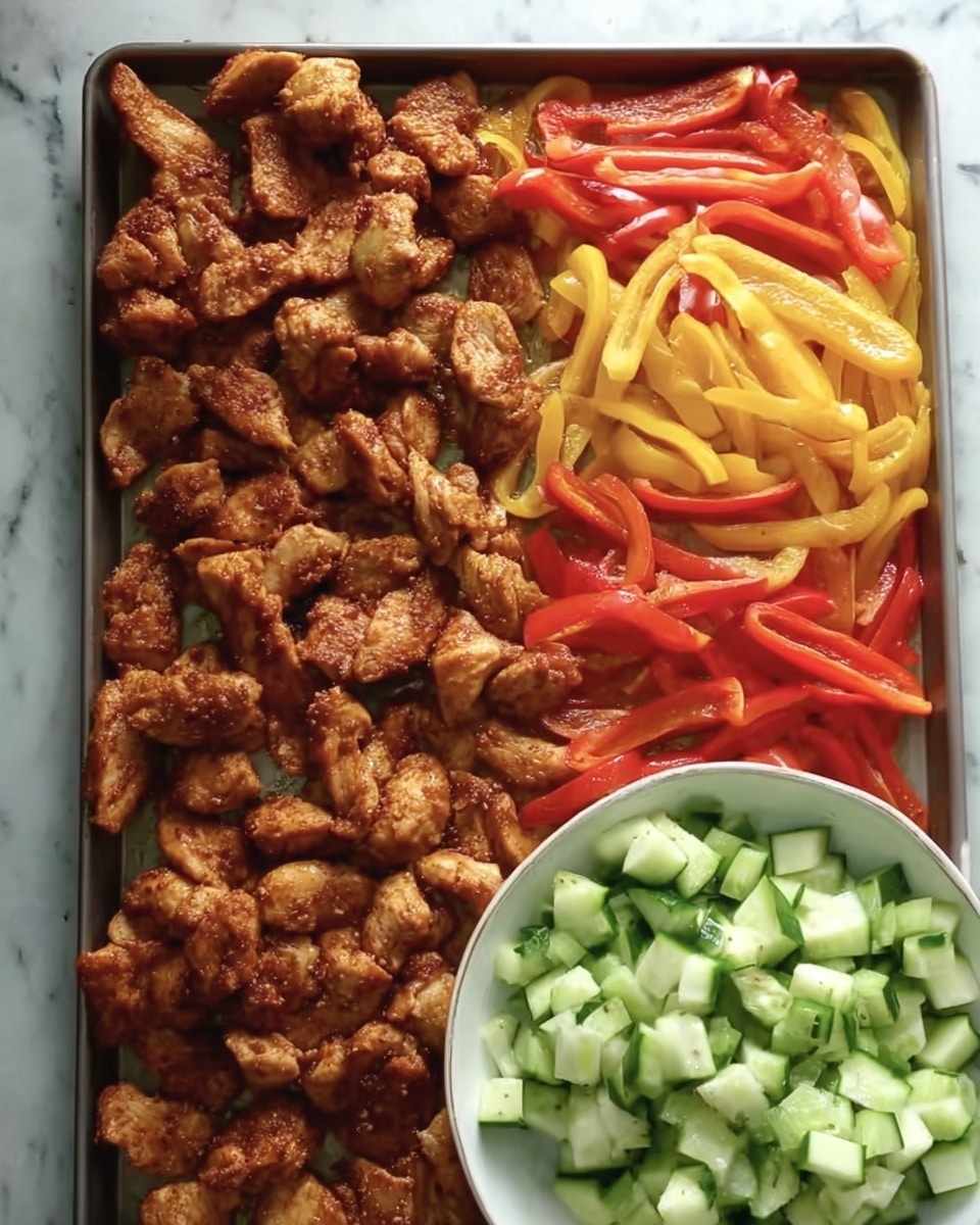 The image shows a large rectangular green tray filled with three main layers of food. On the top half, there is a pile of golden-brown cooked chicken pieces with a slightly crispy texture. Below the chicken, there is a layer of sautéed red, yellow, and orange bell pepper strips mixed together, looking soft and shiny. On the top right corner of the tray, there is a small white bowl filled with small, green cucumber cubes. The tray is placed on a white marbled texture surface. photo taken with an iphone --ar 4:5 --v 7