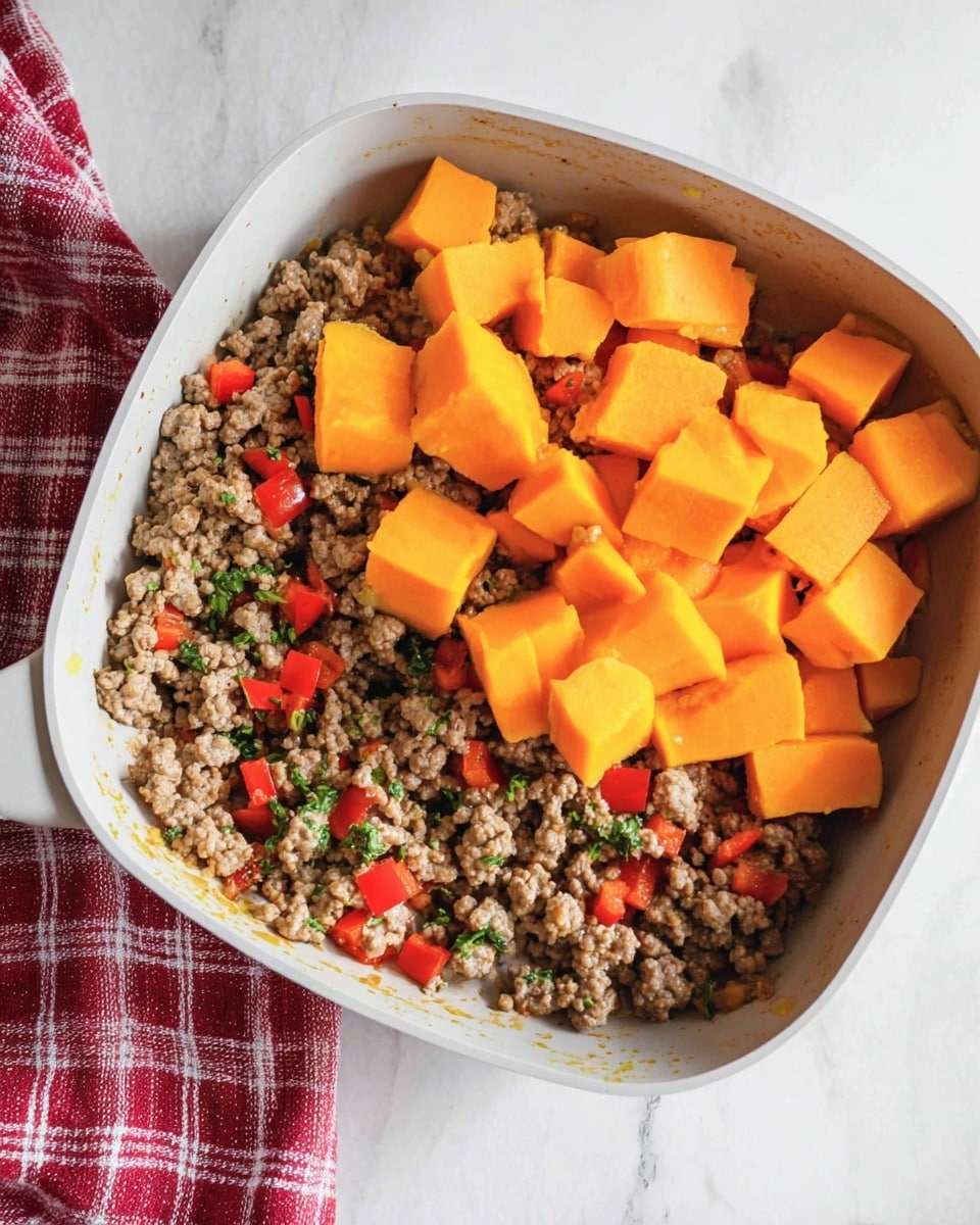 A white pan is filled mostly with cooked ground meat that is brown and crumbly in texture. Mixed inside the meat are small pieces of diced red bell pepper and translucent cooked onions. On top of this layer, there are several large chunks of bright orange pumpkin or squash. Some green herbs are sprinkled over the meat and vegetables. The pan is on a white marbled surface next to a red and white checkered cloth. photo taken with an iphone --ar 4:5 --v 7