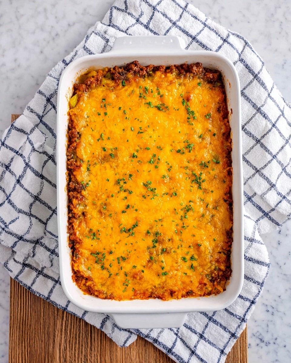 A rectangular white baking dish filled with a two-layer casserole is placed on a white marbled surface with a white and black checkered cloth beside it. The bottom layer is a mix of ground meat and vegetables, brown and slightly textured, while the top layer is a thick, melted orange-yellow cheese crust with small bits of green herbs sprinkled evenly on top. The edges of the cheese are lightly browned, showing a baked finish. Photo taken with an iphone --ar 4:5 --v 7