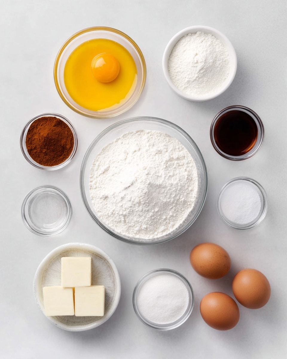 A top-down view of several small white bowls and containers arranged on a white marbled surface, each holding different ingredients. In the center is a large clear glass bowl filled with white flour. Around it are smaller white bowls holding white powdered sugar, golden melted butter, white milk, and white granulated sugar. There is a clear small bowl with bright orange-brown cinnamon powder, another clear small bowl with dark brown vanilla extract, a transparent measuring cup with clear liquid, and two whole white eggs placed directly on the surface. The setup is neat and evenly spaced, showing all dry and liquid ingredients clearly. photo taken with an iphone --ar 4:5 --v 7