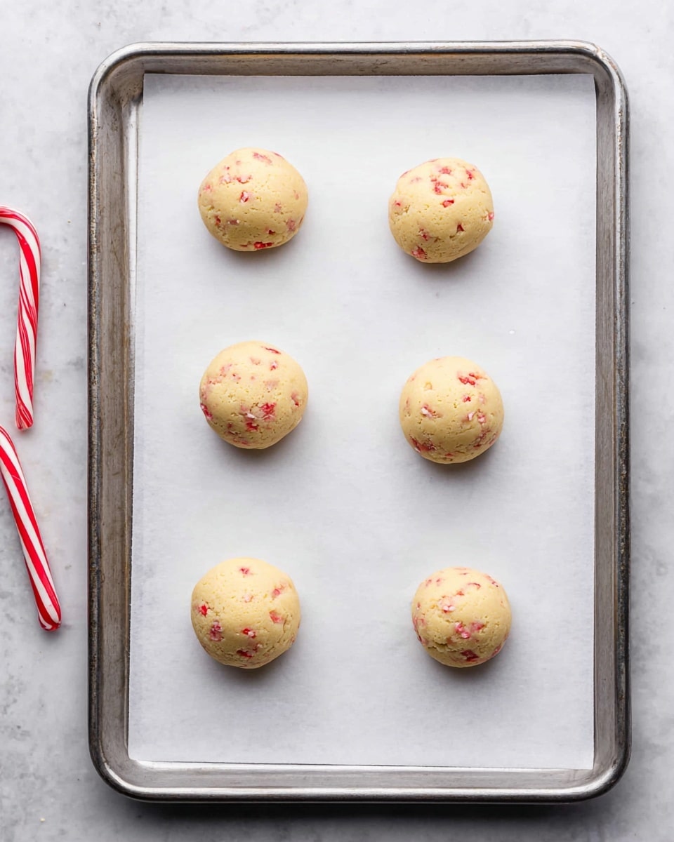 The image shows six round cookie dough balls placed evenly on a white parchment-lined metal baking sheet. The dough balls are light yellow with small red pieces mixed inside, giving a speckled look. The sheet rests on a white marbled surface, and two candy canes are partially visible on the left side nearby. The dough balls are smooth and slightly shiny, arranged in two vertical rows with three balls each, spaced apart. Photo taken with an iphone --ar 4:5 --v 7