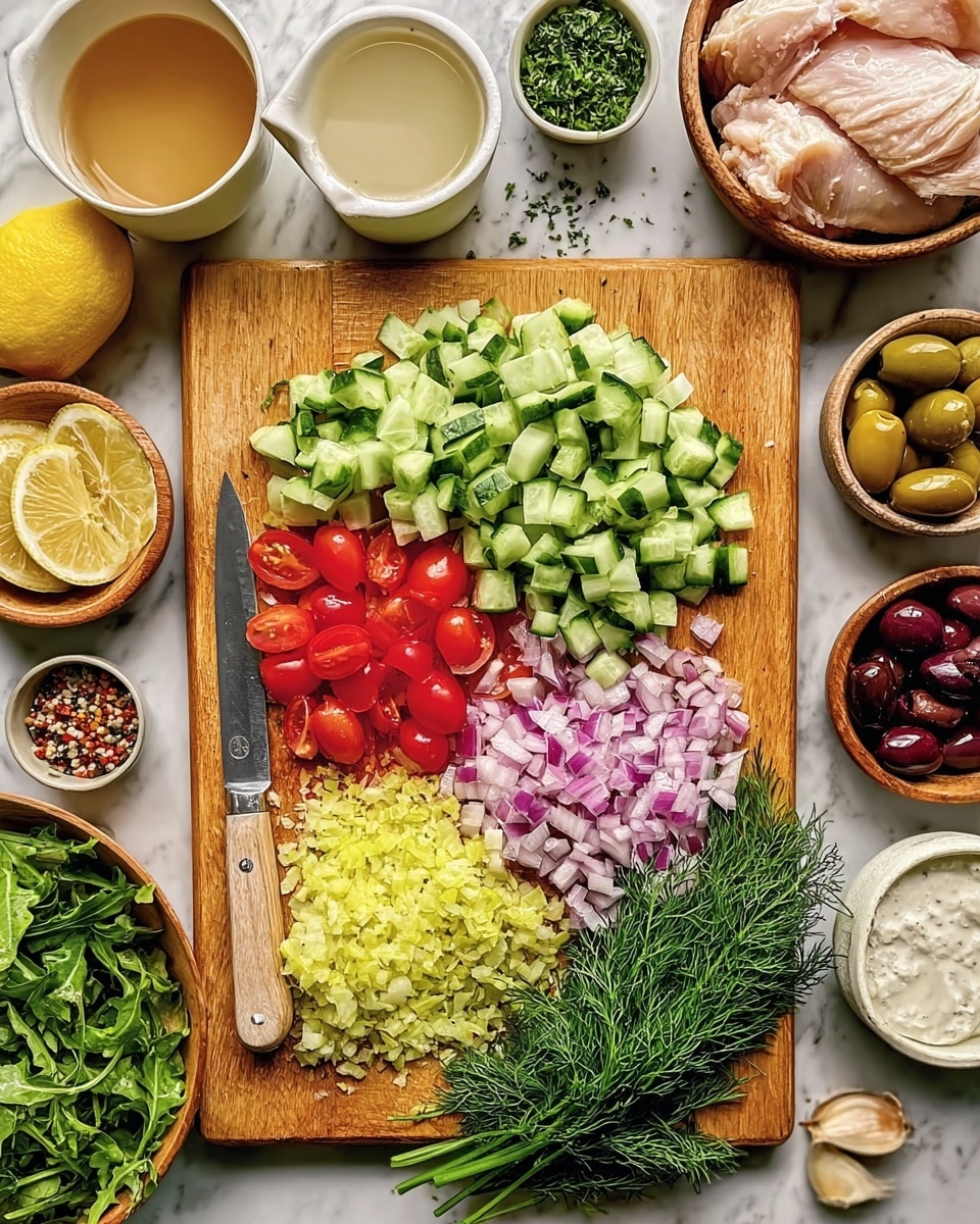 The image shows a wooden cutting board on a white marbled surface with chopped fresh vegetables and herbs neatly arranged. On the board, there are four main piles: light green chopped cucumbers at the top, bright red halved cherry tomatoes below the cucumbers, finely chopped purple onions beside the tomatoes, and finely chopped yellow pickles on the left side. A bunch of fresh green dill lies at the board’s bottom right. A knife with a light wooden handle rests on the board near the tomatoes. Surrounding the cutting board are small white bowls and wooden bowls with other ingredients, including whole raw chicken, green leafy arugula, lemon halves, minced garlic, kalamata olives, creamy white sauce, a glass of light brown broth or stock, and various garnishes or spices. Photo taken with an iphone --ar 4:5 --v 7