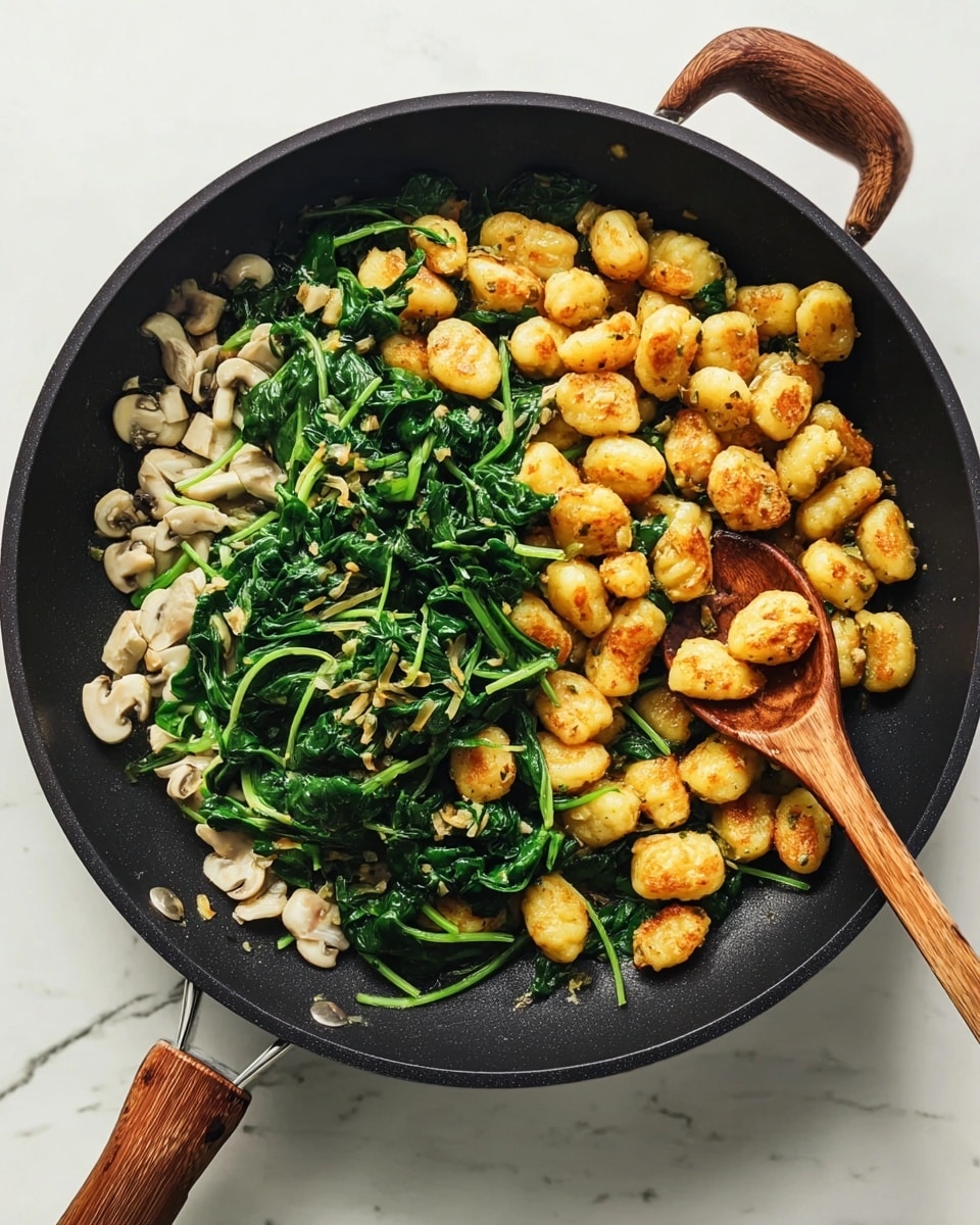 This image shows a black pan with a wooden handle on a white marbled surface, filled with three main layers; the bottom layer is small white pieces that look like chopped mushrooms scattered all over, next a layer of bright green cooked spinach leaves with stems, and on top, golden-brown gnocchi pieces that have a crispy texture. A wooden spoon is placed inside the pan on the right side, partially covered by the gnocchi and spinach. The lighting is natural and bright, highlighting the colors and textures of the food photo taken with an iphone --ar 4:5 --v 7