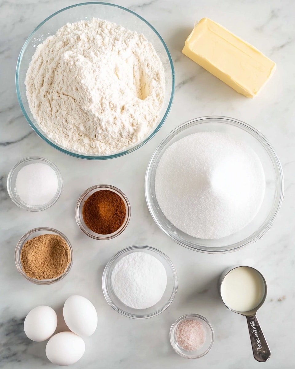 The image shows several baking ingredients arranged neatly on a white marbled surface. There is a large clear bowl filled with white flour at the top left, and a stick of pale yellow butter placed horizontally to its right. Below the butter, a big clear bowl is filled with white granulated sugar. A small white container holds two white eggs near the bottom left. Around the eggs, there are several small clear bowls containing different ingredients: light brown cinnamon powder, white baking soda, white granulated sugar, white cornstarch, light pink salt, and a metal measuring cup filled with thick white coconut oil on the right side. All items are placed neatly and spaced out to show each ingredient clearly, photo taken with an iphone --ar 4:5 --v 7