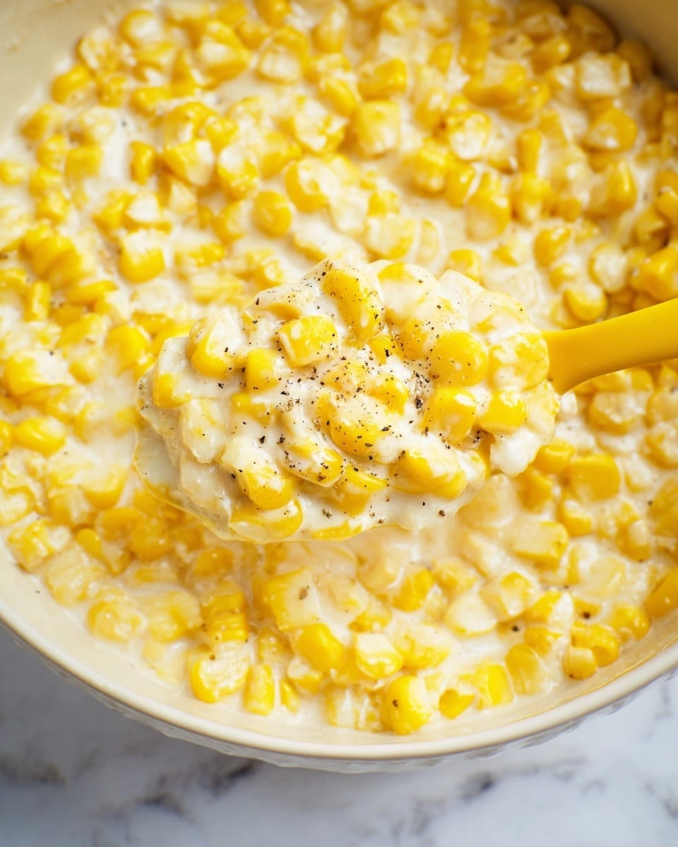 The image shows a close-up of creamy corn in a white bowl, filled with small, bright yellow corn kernels mixed in a thick white sauce. The corn is evenly coated in the smooth, milky cream, creating a soft texture with scattered specks of black pepper on top. A yellow spoon is scooping some of the creamy corn from the bowl, adding contrast to the yellow and white colors of the dish. The background has a white marbled texture that highlights the vibrant corn mixture photo taken with an iphone --ar 4:5 --v 7