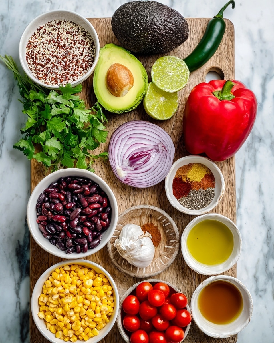 The image shows a wooden cutting board placed on a white marbled surface, with layers of fresh ingredients arranged on and around it. On the board, from left to right, there is green cilantro, a whole avocado with a dark bumpy skin, two lime halves showing bright green juicy interiors, a halved red onion with white and purple layers, a garlic clove, a large red bell pepper with a shiny smooth surface, and a dark green jalapeño pepper. Around the board, there are six white bowls containing different ingredients: top left holds a mix of white, red, and black quinoa; top right has various spices arranged neatly in small piles; middle right contains dark brown kidney beans; lower left holds bright yellow corn; lower right is filled with halved cherry tomatoes showing red juicy interiors; and middle right next to the beans are small bowls with golden olive oil and light brown vinegar. The photo is bright and clear, taken with an iphone --ar 4:5 --v 7
