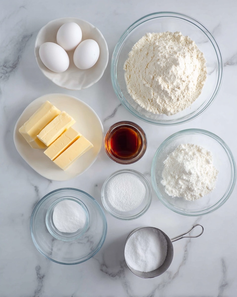 The image shows various baking ingredients on a white marbled surface arranged neatly in separate clear glass bowls and white dishes. From top left, there is a small white bowl holding two white eggs. To the right, a small clear bowl contains dark amber vanilla extract. In the center, a large glass bowl is filled with white flour. Below the flour, another large white bowl contains two sticks of pale yellow butter. Next to the butter, a large clear bowl is filled with white granulated sugar. Below these, three small clear bowls hold white salt, baking soda, and baking powder, arranged in a triangle. To the right, a metal measuring cup is filled with white sugar. The colors are soft and natural with the focus on the textures of the ingredients. Photo taken with an iphone --ar 4:5 --v 7