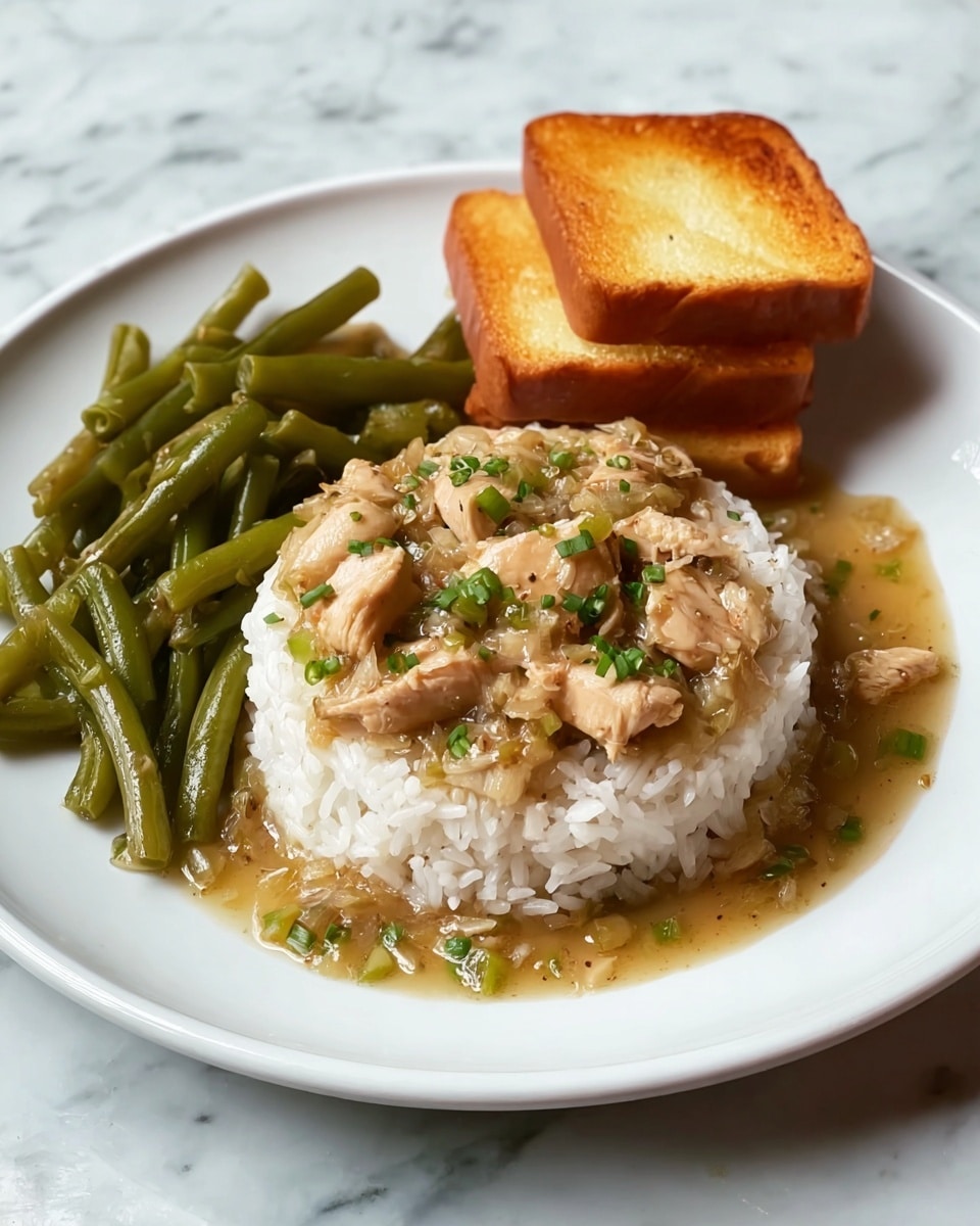 A white plate sits on a white marbled surface, holding a meal with three parts. In the center, there is a round mound of white rice topped with pieces of beige chicken in a light brown sauce with small green vegetable bits, spreading slightly onto the plate. To the right, there is a serving of cooked green beans, their slightly shiny texture showing softness. On the left side, there are two square pieces of toasted bread stacked, with a golden-brown crispy surface. The photo was taken with an iphone --ar 4:5 --v 7