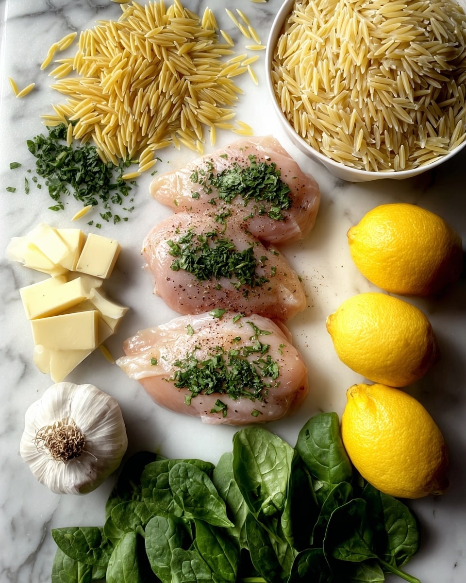 The image shows a white marbled surface with three raw chicken pieces in the center, topped with chopped green herbs and sprinkled with black pepper. To the left of the chicken are three small pieces of pale yellow butter, a bunch of fresh green parsley, and a whole garlic bulb. Above the chicken, a pile of uncooked orzo pasta with a light yellow color is placed next to two whole bright yellow lemons and two lemon halves showing their pale yellow inside. To the right, a white bowl is filled with uncooked orzo pasta, and below the bowl is a bunch of fresh, dark green spinach leaves. The whole arrangement is well lit, showing clear, fresh ingredients. Photo taken with an iphone --ar 4:5 --v 7