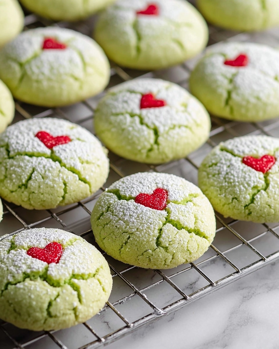 The image shows round light green cookies arranged on a metal cooling rack placed over a white marbled surface. Each cookie is cracked on top, revealing a slightly darker green shade inside. The surface of the cookies is dusted with white powdered sugar, giving them a soft, snowy look. In the center of each cookie, there is a small, bright red heart shape that adds a pop of color and visual interest. The cookies have a slight rise and a soft texture that looks chewy and tender. photo taken with an iphone --ar 4:5 --v 7