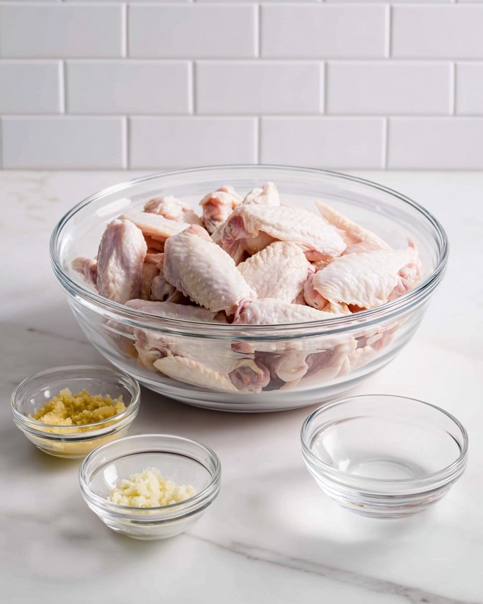A large clear glass bowl is filled with many pieces of raw chicken wings showing pale pink and white skin with some bone visible, placed at the center of a white marbled surface. In front of the bowl, four small clear glass bowls are lined up side by side, each containing a different ingredient: the first bowl on the left has light yellow minced garlic, the second bowl holds coarse white salt, the third bowl contains a smooth yellow ginger paste, and the fourth bowl is filled with a clear liquid. The background shows white subway tiles. Photo taken with an iphone --ar 4:5 --v 7