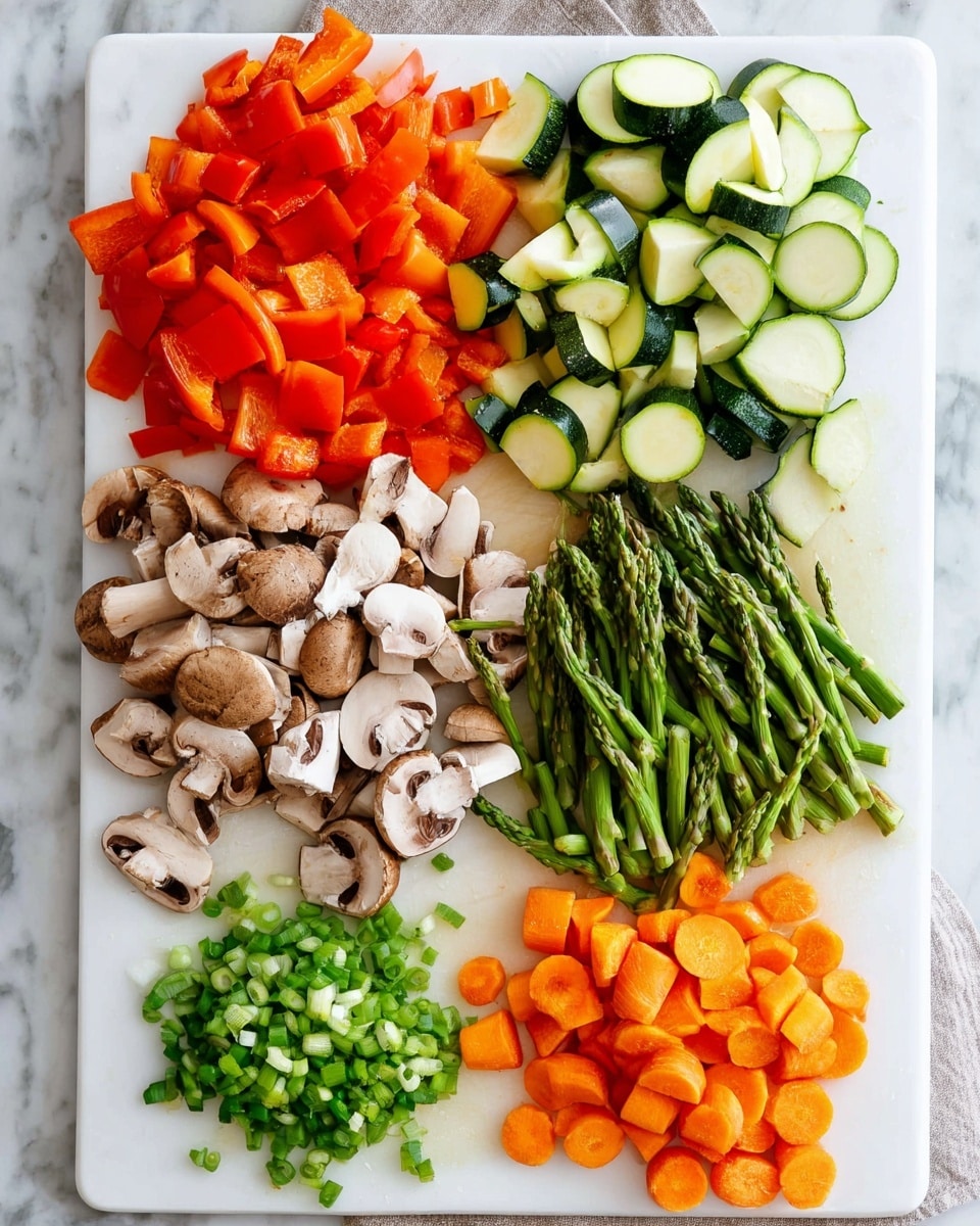 The image shows six piles of chopped vegetables arranged neatly on a white cutting board placed on a white marbled surface. At the top left, there are bright red bell pepper pieces cut into small rectangular shapes. To the right of the peppers, there are green zucchini slices, cut into half-moons with light green flesh and darker green skin. Below the peppers, there are thinly sliced brown mushrooms with white stems. To the right of the mushrooms, there are chopped green asparagus pieces with a slightly rough texture. Below the mushrooms, there are round, bright orange carrot slices arranged in a small pile. At the bottom right, there are small chopped pieces of green onion with hollow cylindrical shapes. The vegetables are fresh and vibrant, with clear color contrast between each pile. Photo taken with an iphone --ar 4:5 --v 7