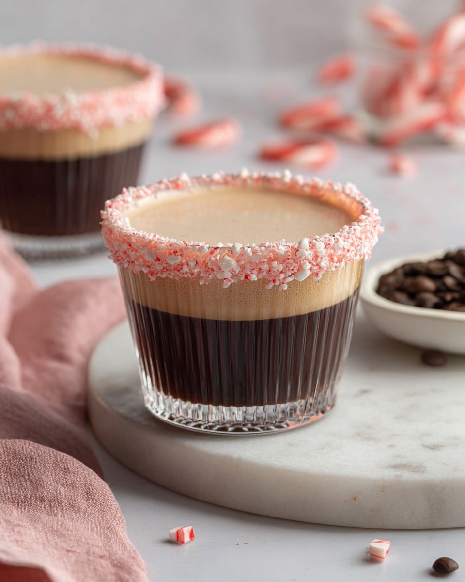 A clear glass with vertical ridges holds a two-layer drink set on a white marbled surface. The bottom layer is dark brown, thick and smooth, while the top layer is a light creamy tan with a slight foam texture. The rim of the glass is coated with crushed pink and white peppermint pieces, giving a festive look. In the background, part of another similar drink is visible, along with a small white bowl filled with coffee beans and a few scattered beans. A pink cloth is softly draped on the surface to the left, with blurred candy canes in the distance. photo taken with an iphone --ar 4:5 --v 7